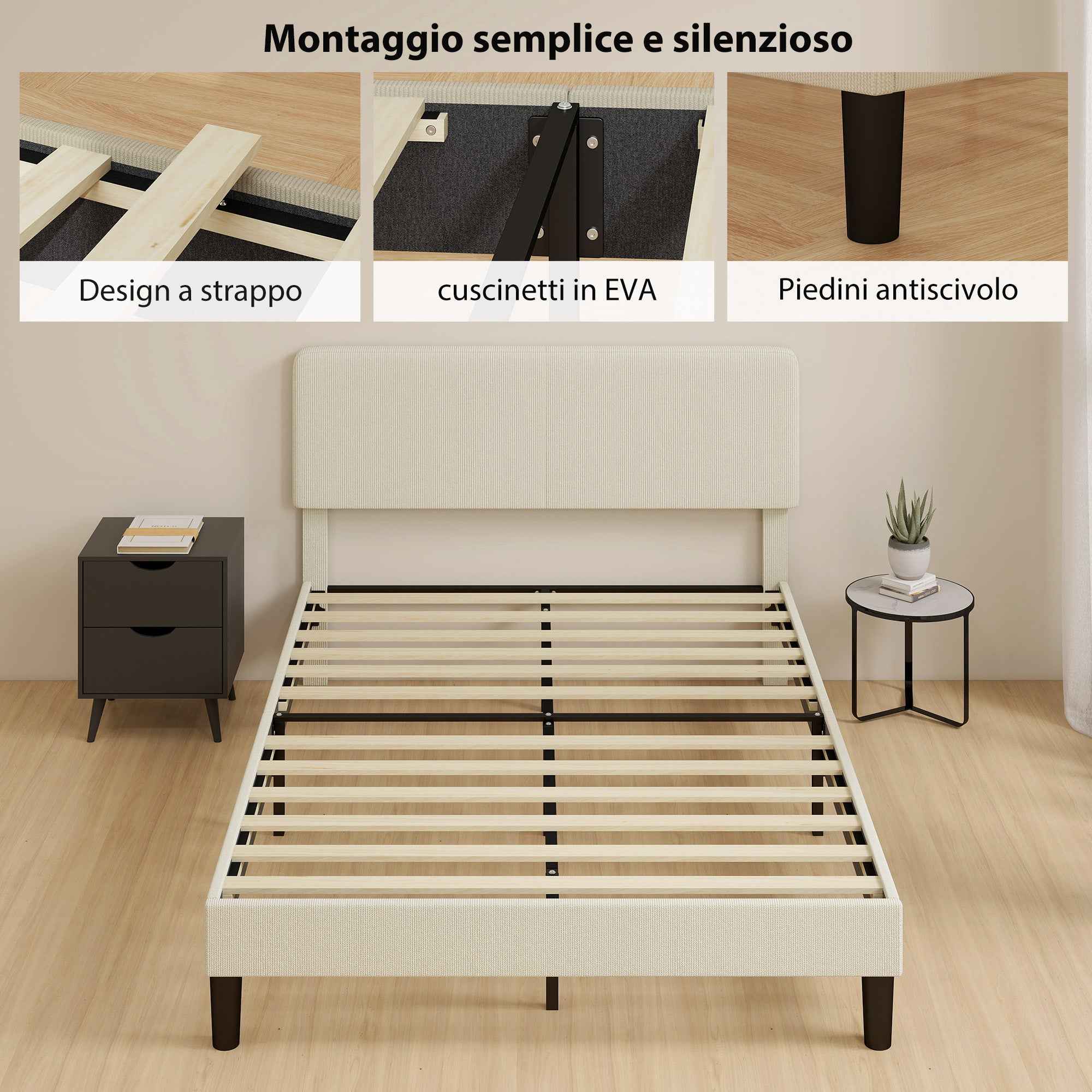 HOMCOM 140x200cm Bed Frame with Height-Adjustable Padded Headboard and Slats, Corduroy, Grey