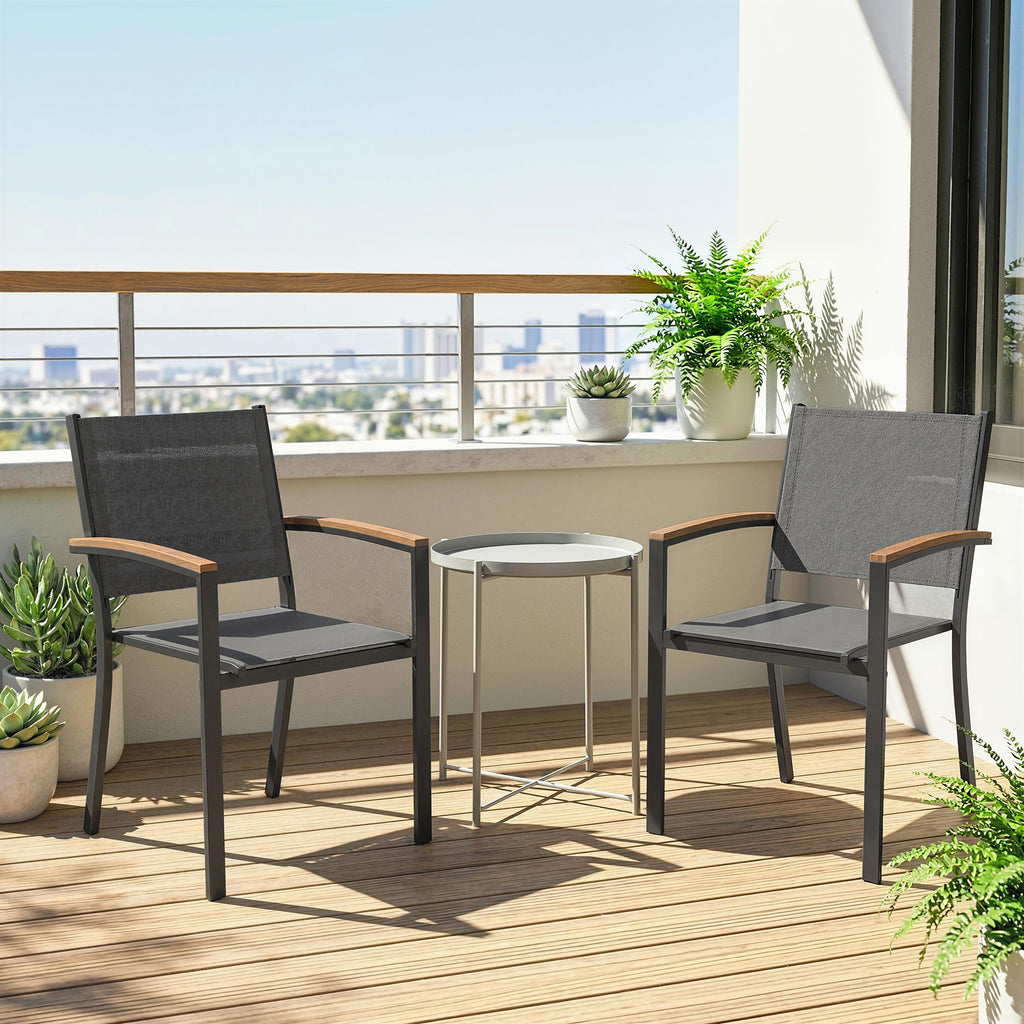 Outsunny Set of 2 Garden Chairs in Texteline and Metal with Wood Effect Armrests, 56x62x89 cm, Grey