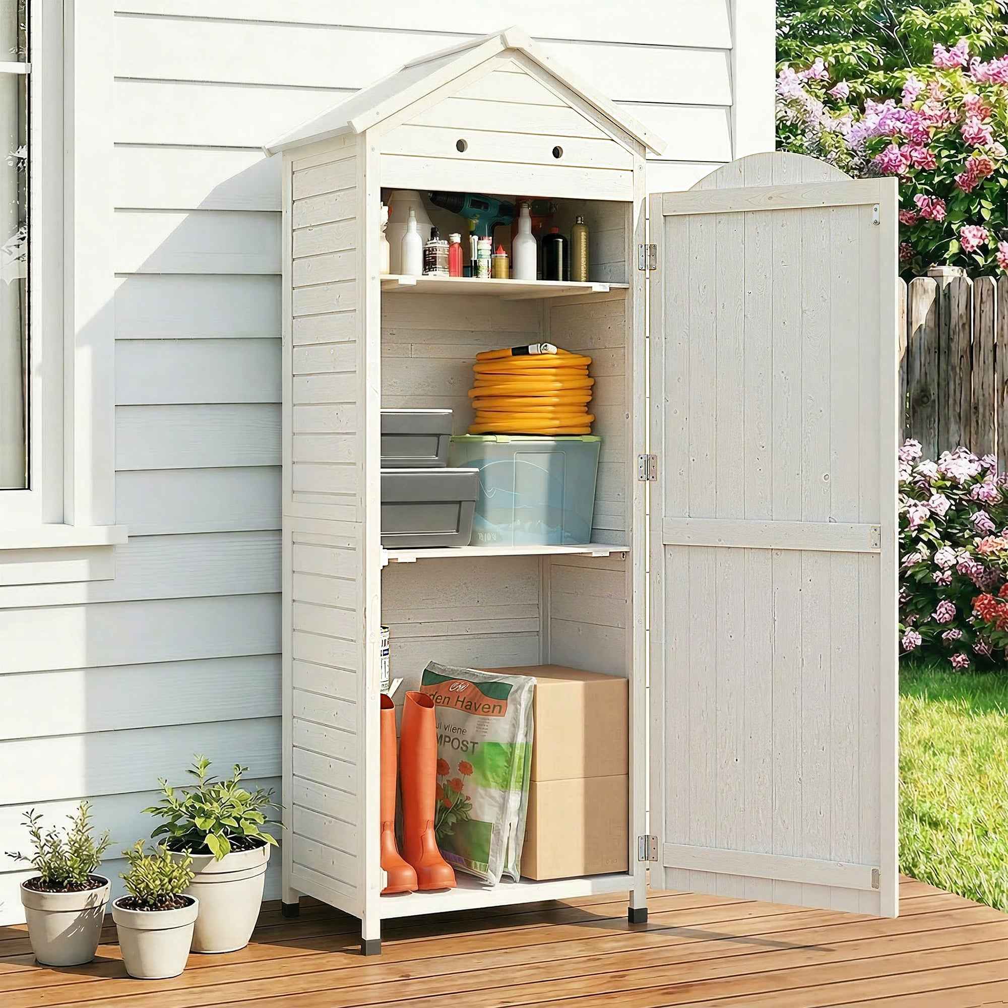 Outsunny Wooden Garden Shed, Storage Room with Adjustable Shelves and Galvanized Roof.
