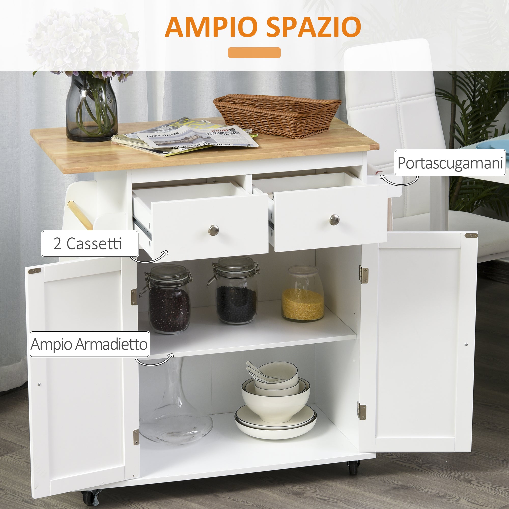3-Tier Kitchen Trolley with 4 Wheels, MDF and Chipboard, 89x45x89cm, White