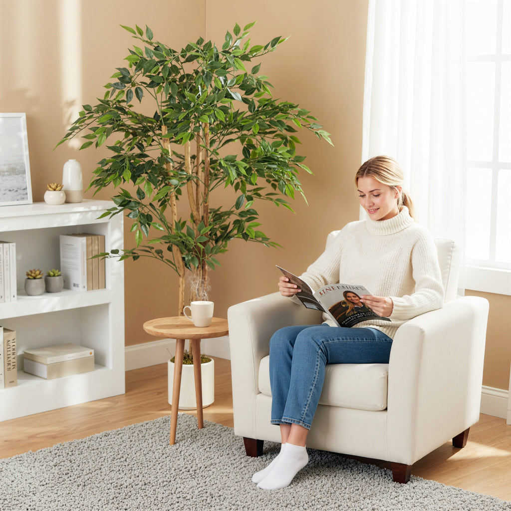 HOMCOM Artificial Banyan Tree Plant in PEVA and Wood with Adjustable Branches and White Container Pot in PP and Cement