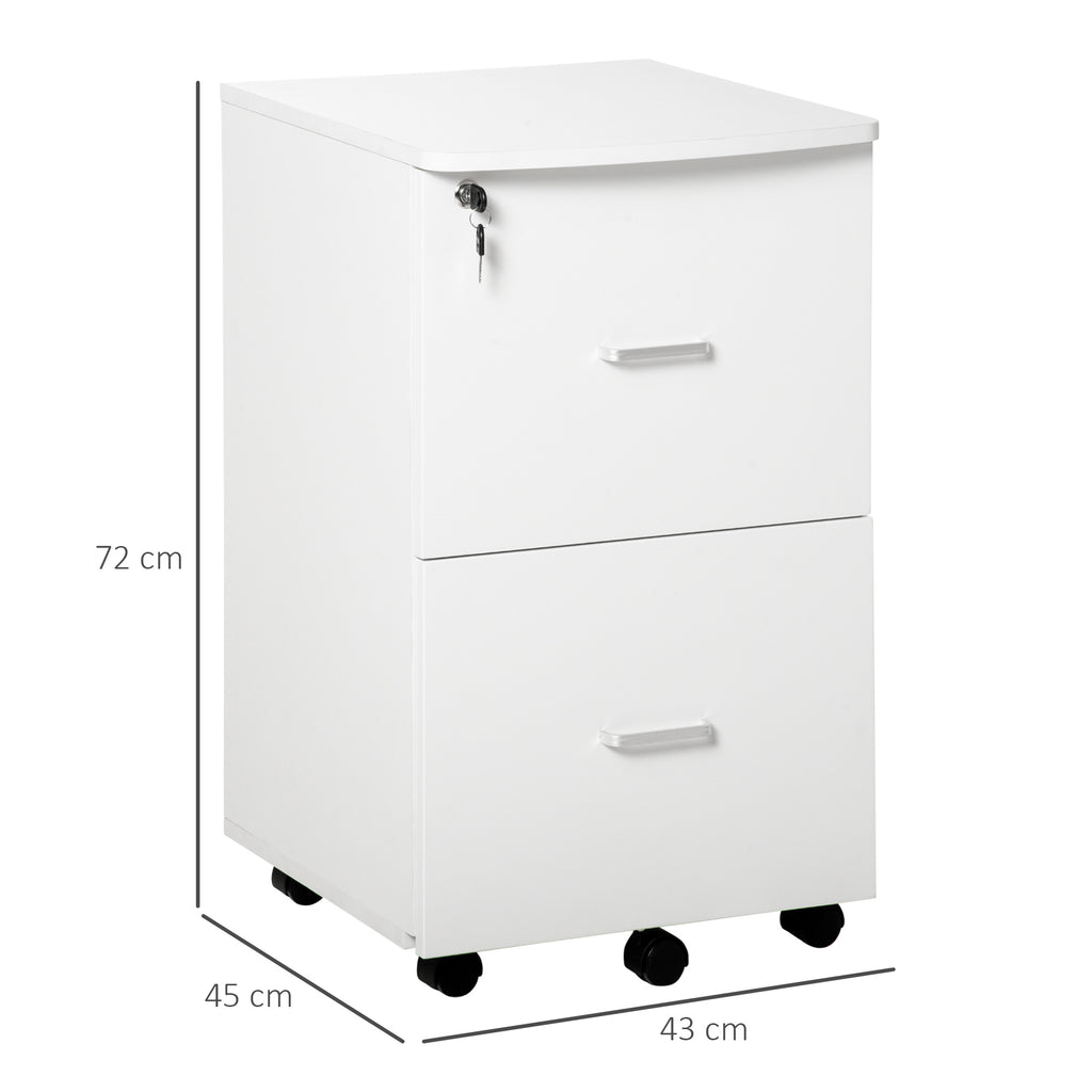 Office Cabinet with 2 Drawers and 5 Wheels, MDF and Chipboard File Cabinet, 43x45x72 cm, White