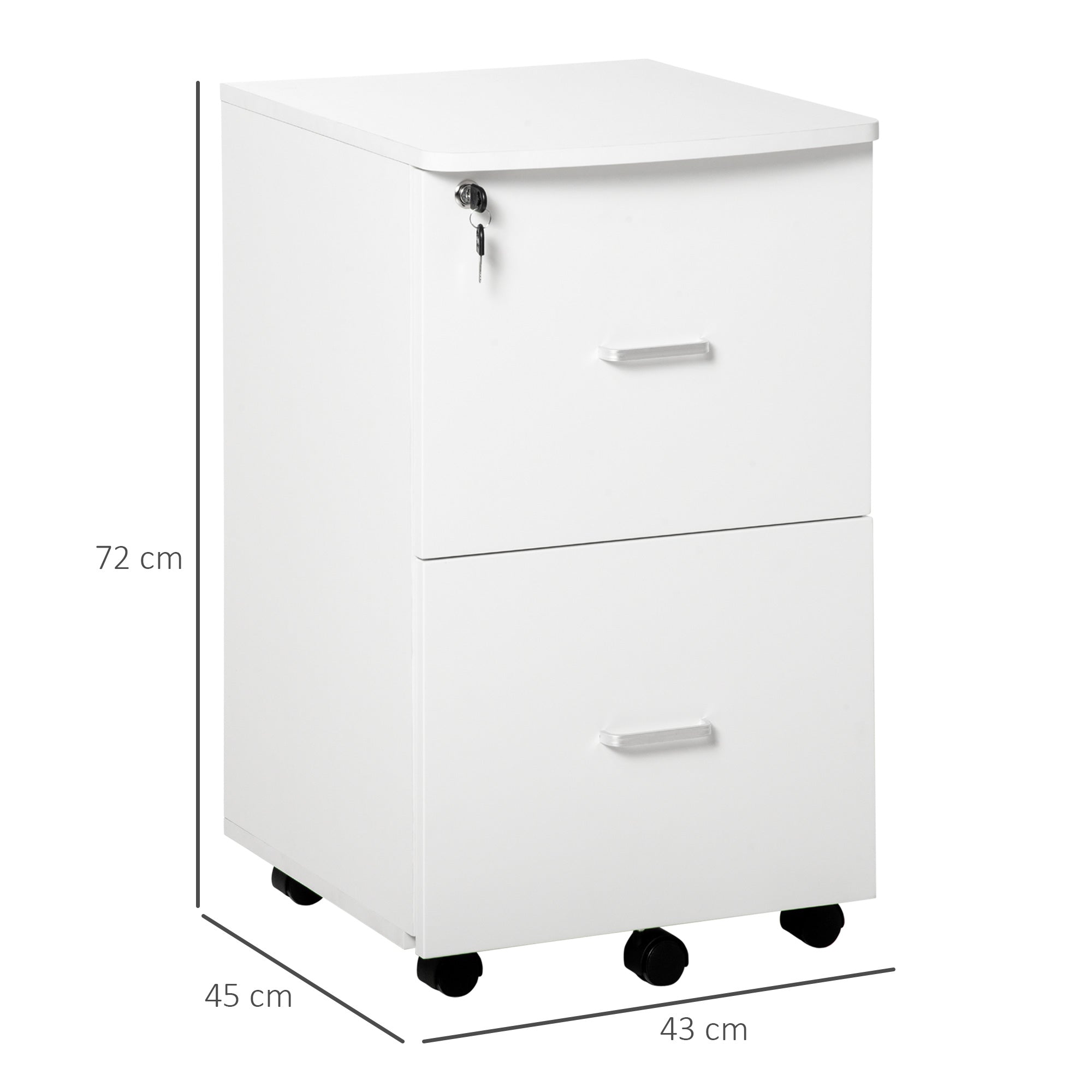 Office Cabinet with 2 Drawers and 5 Wheels, MDF and Chipboard File Cabinet, 43x45x72 cm, White