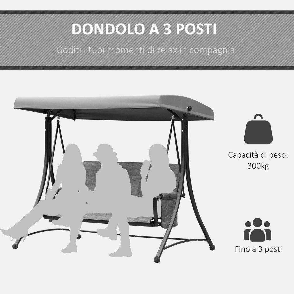 Outsunny 3-Seater Garden or Terrace Swing with Adjustable Canopy and Storage Pockets, Dark Grey, 196 x 128 x 172 cm