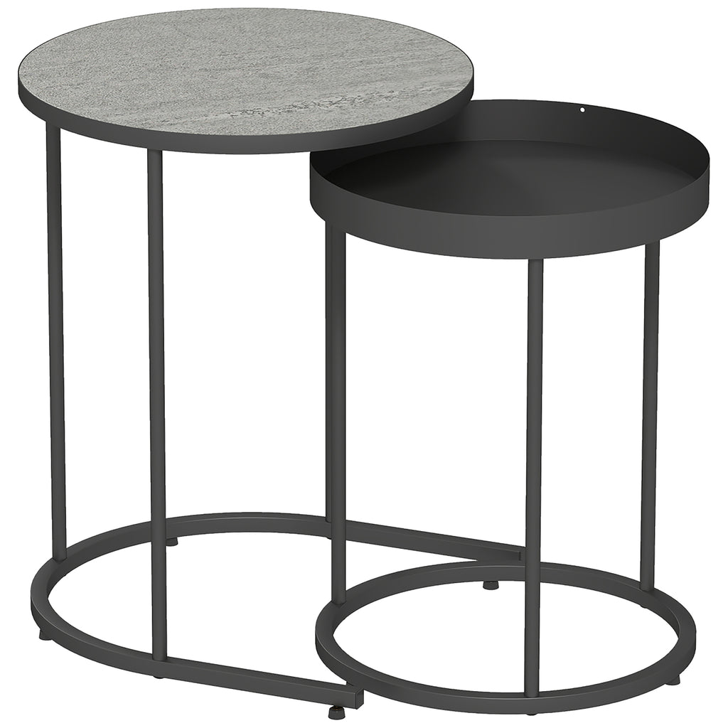 Set of 2 Industrial Style Stackable Coffee Tables, Wood and Metal, Ø42x54 cm and Ø36.5x48.5 cm, Grey and Black
