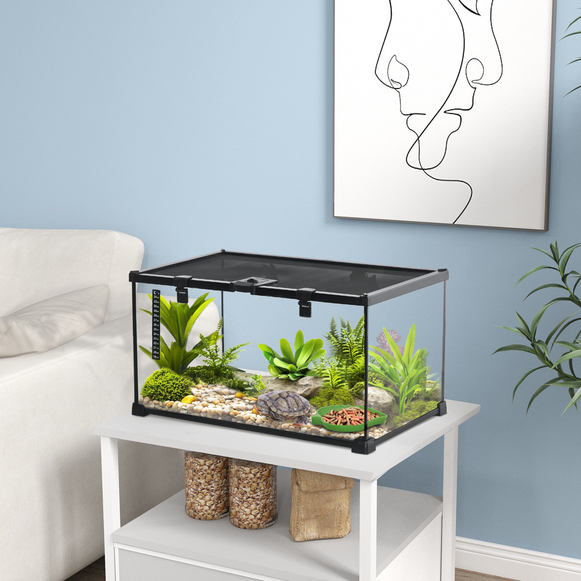 Raised Terrarium for Reptiles with Lock and Thermometer, in Glass and Metal Mesh, 50x30x25 cm, Black