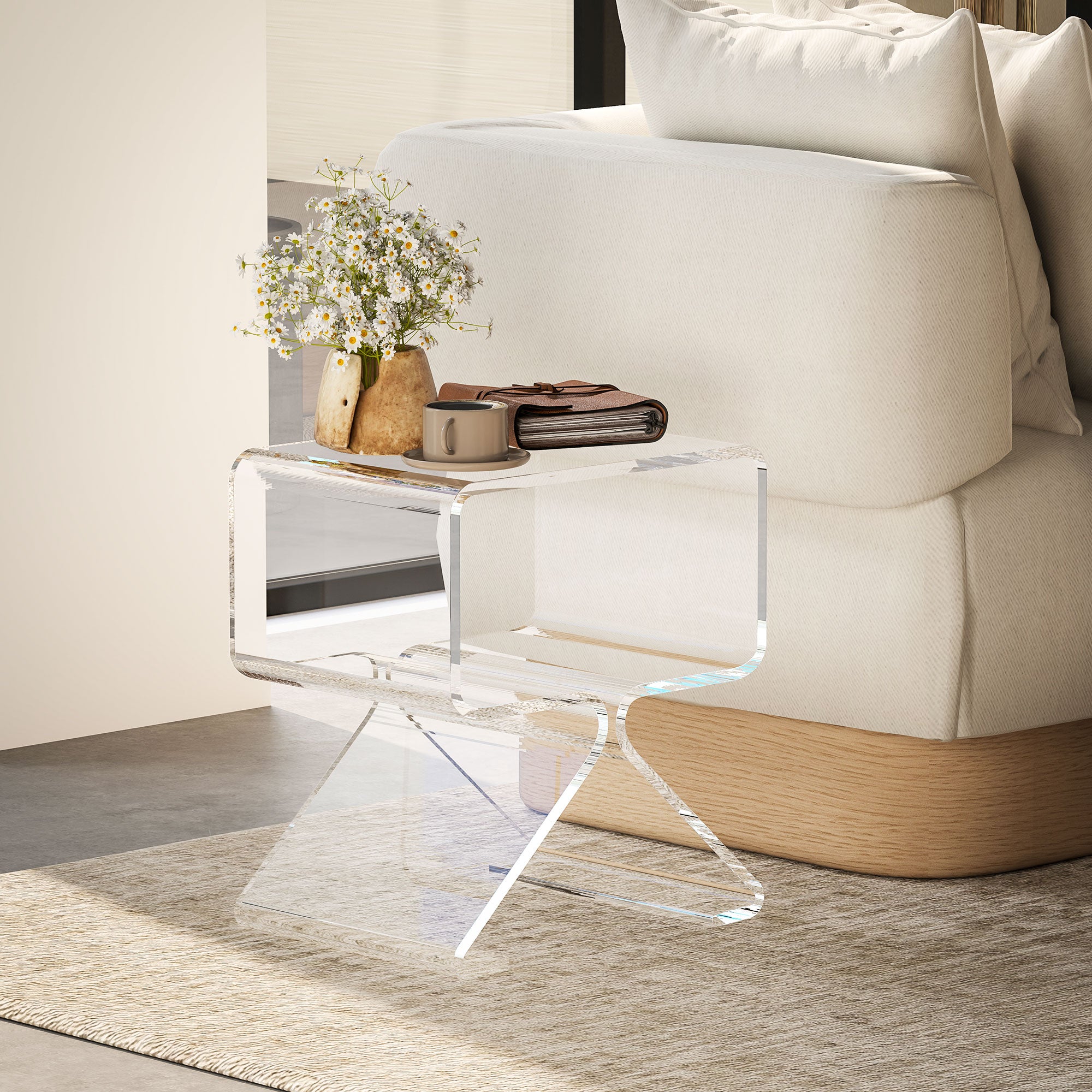 2-Tier Geometric Acrylic Coffee Table with Triangular Legs, 40x30x45cm, Transparent