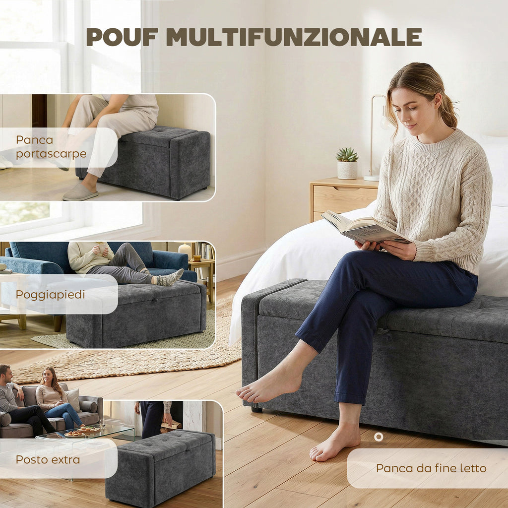 HOMCOM 142L Storage Ottoman, Wide Padded Seat, Linen, 200 kg Capacity, Dark Grey