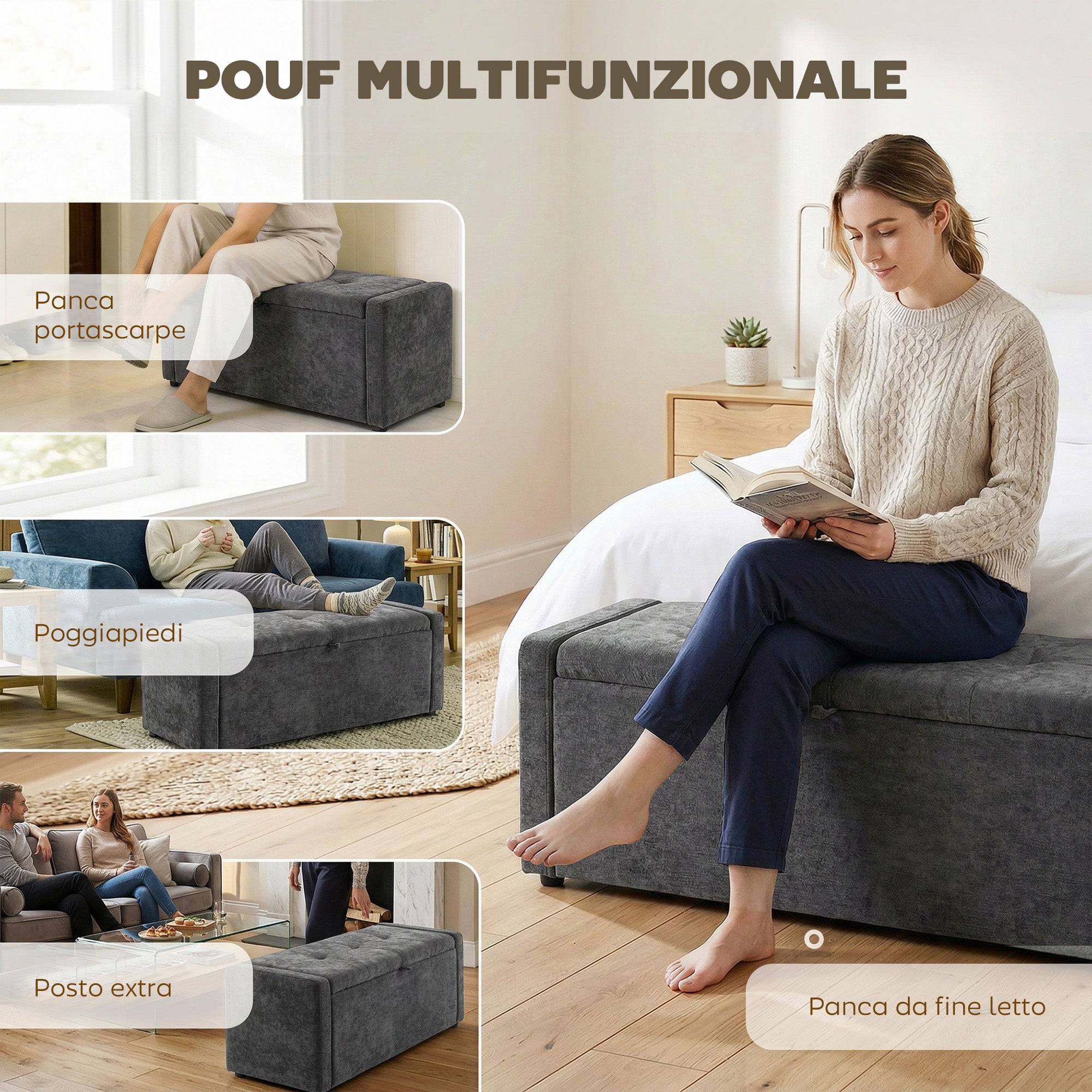 HOMCOM 142L Storage Ottoman, Wide Padded Seat, Linen, 200 kg Capacity, Dark Grey