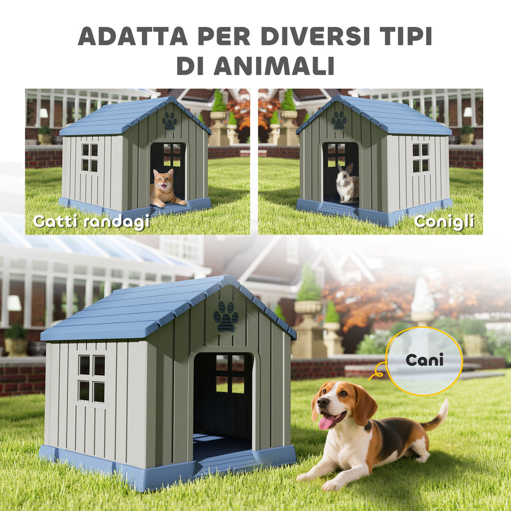 Waterproof Outdoor Dog House for Medium Dogs with Raised Base and Windows, 85x79x82 cm, Grey