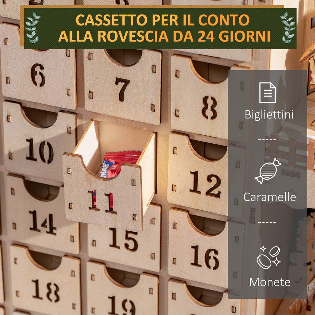 Rectangular Christmas Advent Calendar with Themed Patterns and 12 LED Lights, 22x9x30 cm, Plywood, Orange