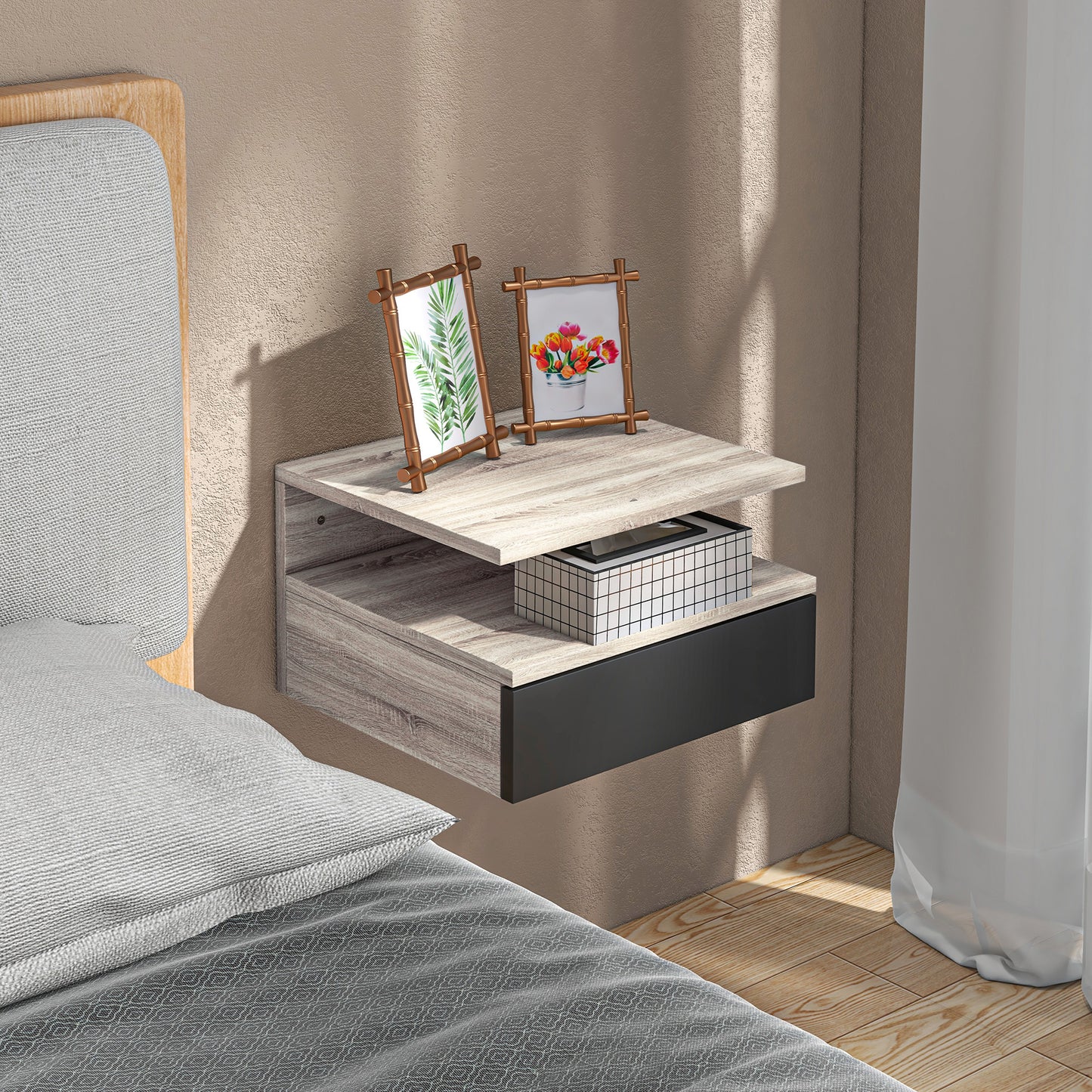 Set of 2 Modern Floating Bedside Tables with Drawer and Top Shelf, 35x32x22.5cm, Oak and Black