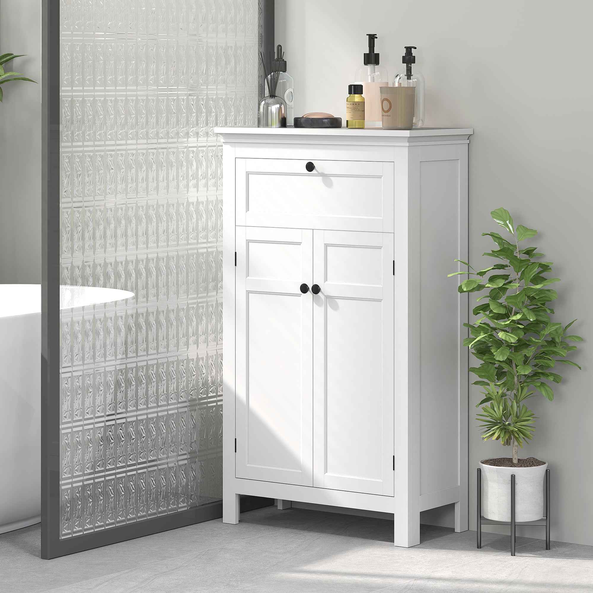 Bathroom Cabinet with 2 Doors and Drawer, Space-Saving Bathroom Cabinet with Adjustable Shelves, 60x30x102.5 cm, White