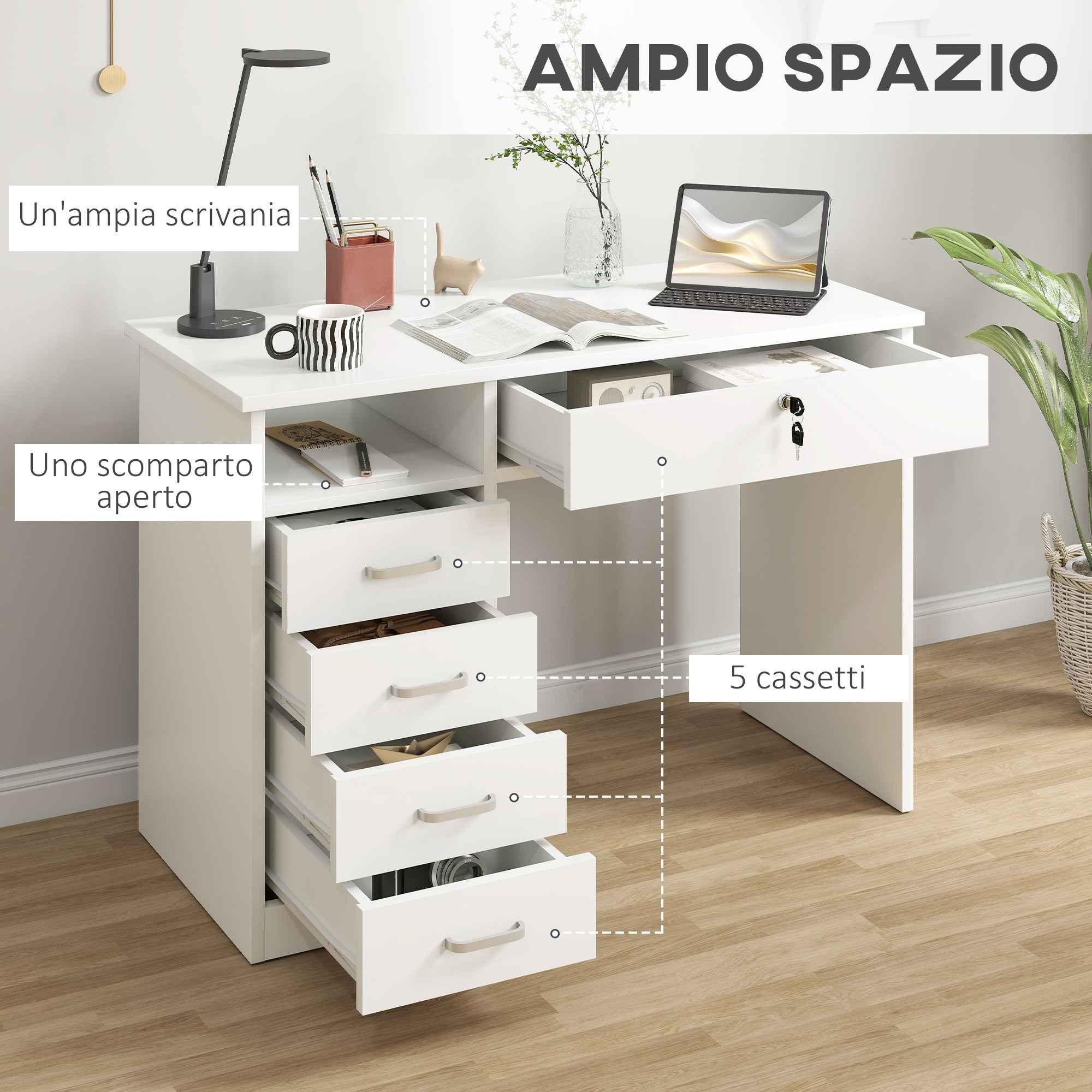 HOMCOM Wooden Desk for Bedroom or Office with 2 Drawers and 2 Keys, 110x50x76cm - White
