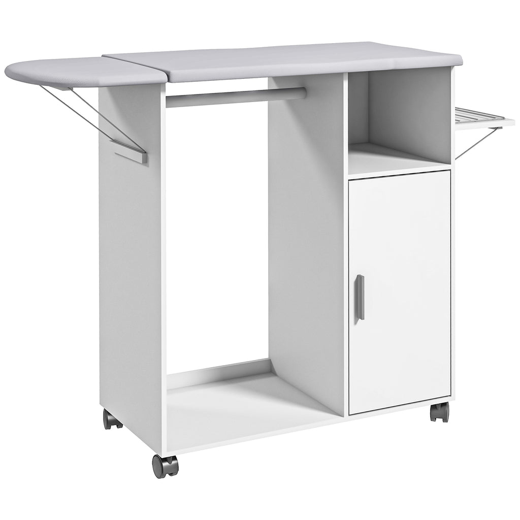 Mobile Ironing Board with Shelf, 3 Cube Shelves and Guide, 107x42.5x99cm, White - Borgè