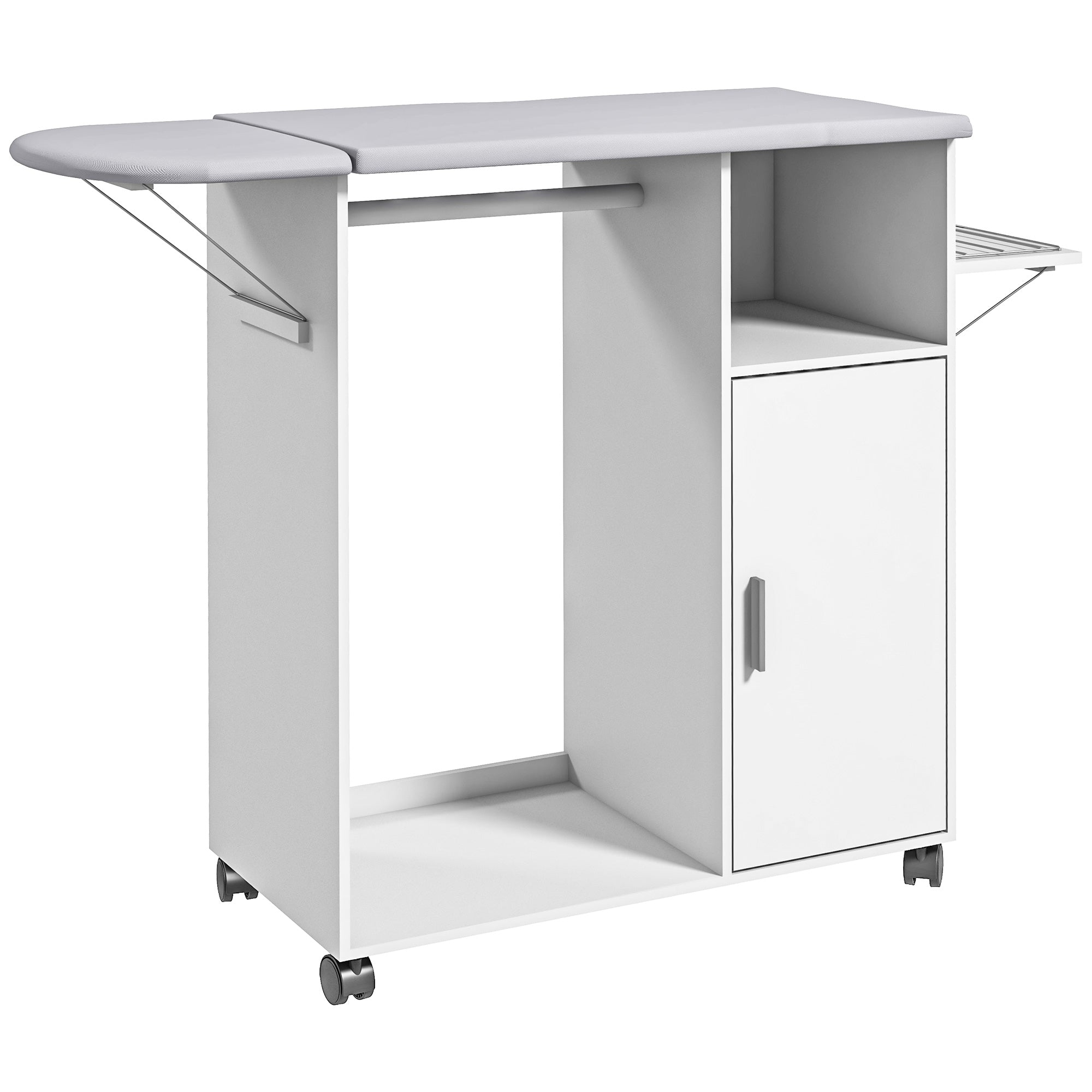 Mobile Ironing Board with Shelf, 3 Cube Shelves and Guide, 107x42.5x99cm, White - Borgè