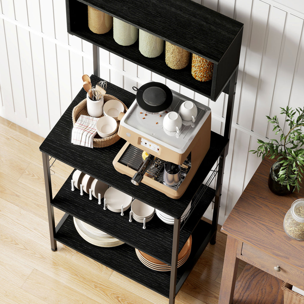 HOMCOM Industrial Kitchen Shelf with Microwave Socket, Shelves and Hooks, Wood and Steel, Black