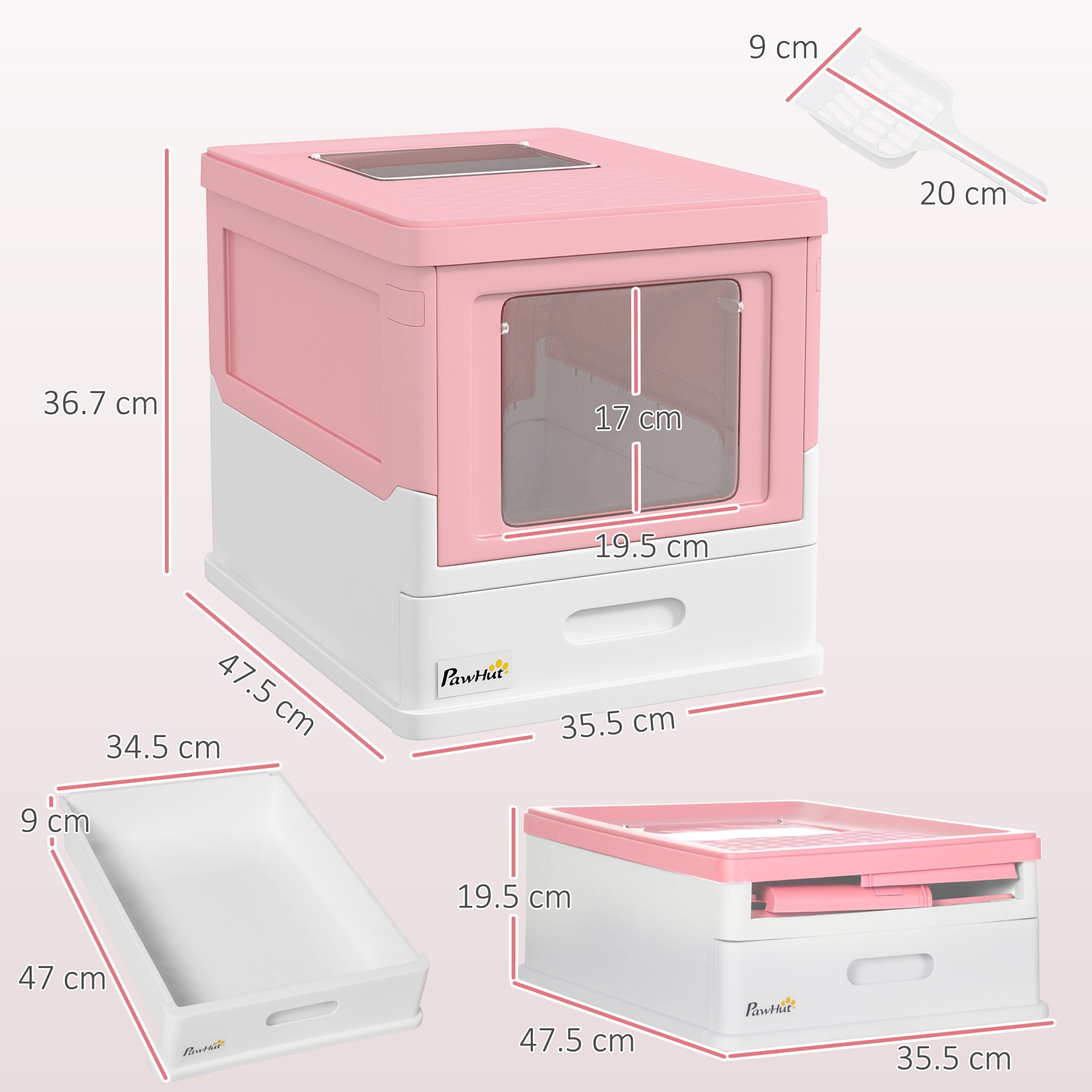Closed PP Cat Litter Box with 2 Doors with Scoop and Removable Tray, 47.5x35.5x36.7 cm, Pink and White