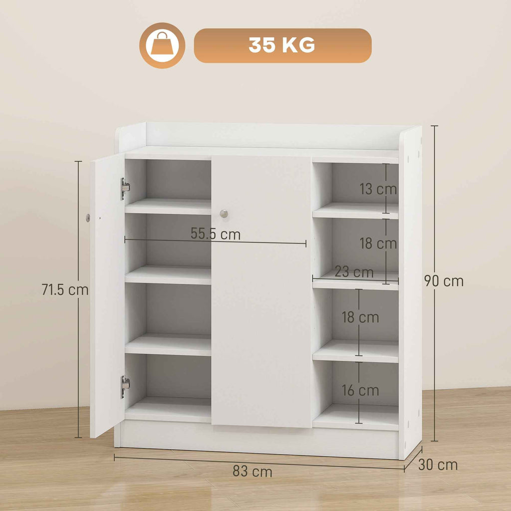 HOMCOM Shoe Rack with 4 Open Shelves, Multipurpose Shoe Cabinet with 2 Doors and Adjustable Shelves, Space-Saving Shoe Storage for 12 Pairs, 83x30x90 cm, White