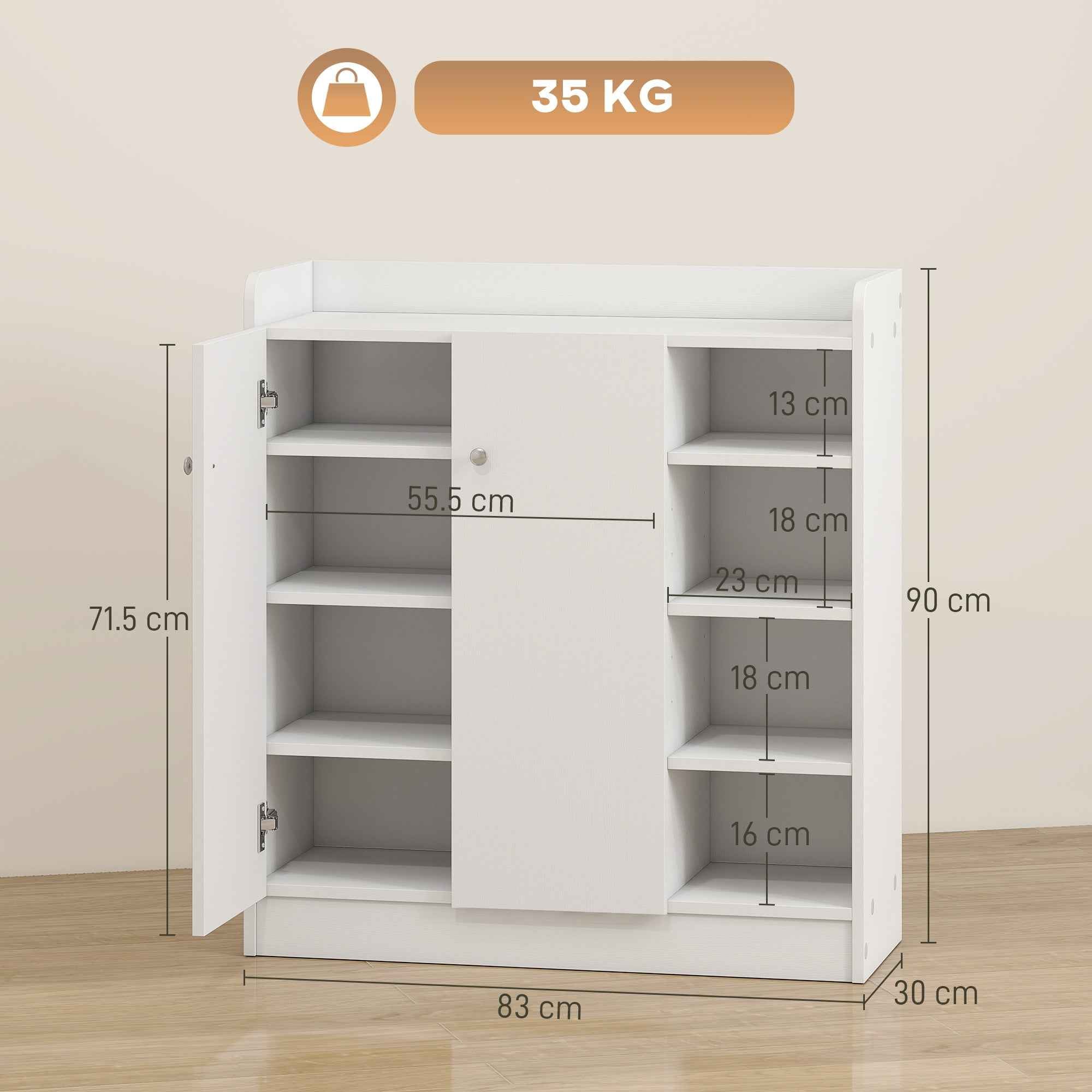 HOMCOM Shoe Rack with 4 Open Shelves, Multipurpose Shoe Cabinet with 2 Doors and Adjustable Shelves, Space-Saving Shoe Storage for 12 Pairs, 83x30x90 cm, White