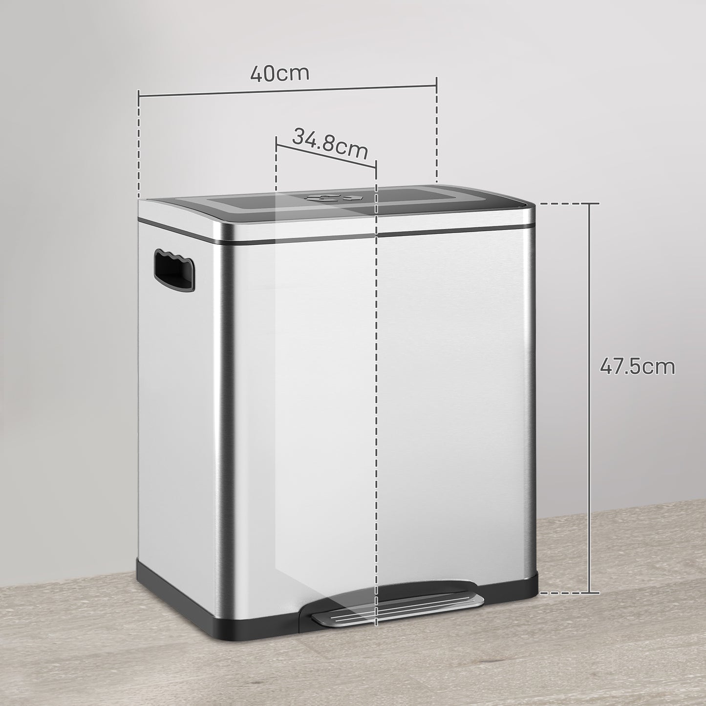 HOMCOM 15L 2-Section Pedal Waste Bin with Silent Lid, in Stainless Steel and PP, 40x34.8x47.5 cm