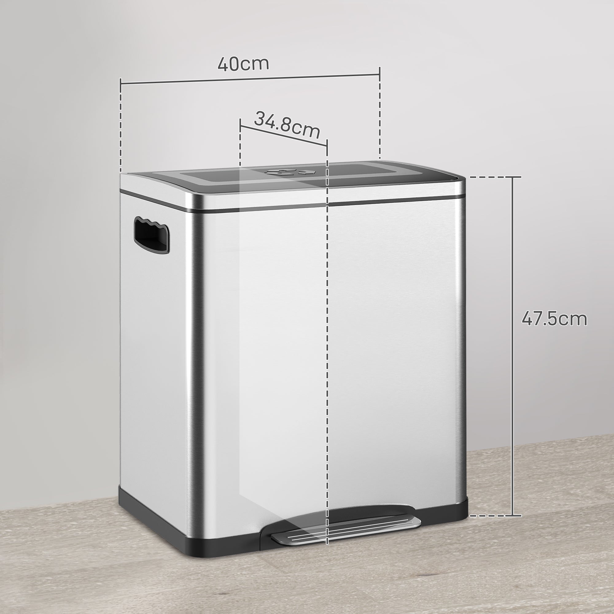 15L 2-Section Pedal Bin with Silent Lid, Stainless Steel and PP, 40x34.8x47.5 cm