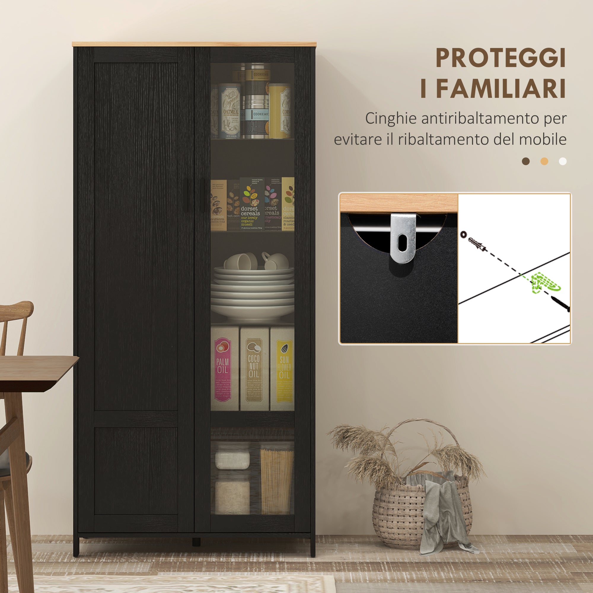 Wooden Kitchen Pantry Cabinet with 9 Adjustable Shelves with Glass Doors, 76x36x160 cm, Black and Wood color