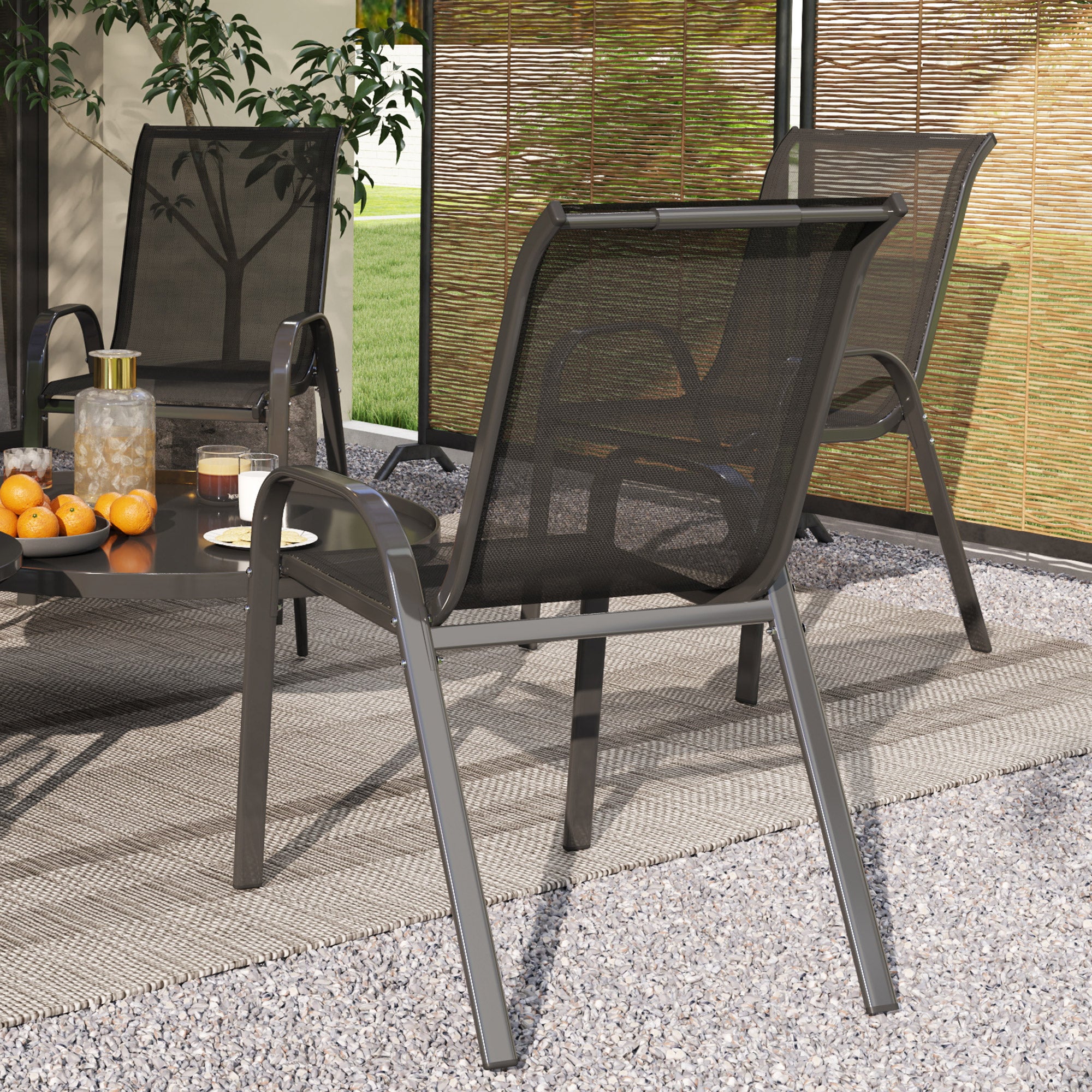 Set of 4 Stackable Garden Chairs in Steel and Breathable Mesh Fabric, 54x71x93 cm, Black