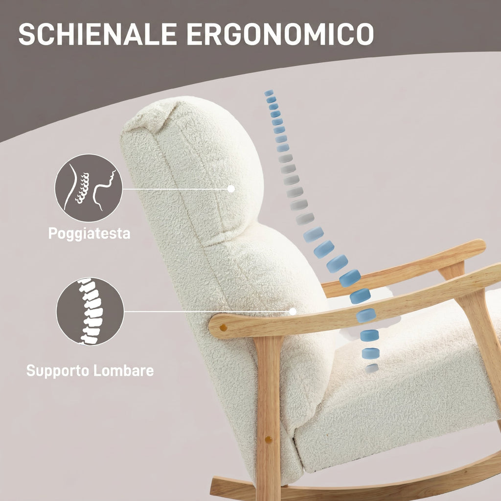HOMCOM Teddy Velvet Upholstered Rocking Chair, Ergonomic Backrest, Rubber Wood Legs, Cream