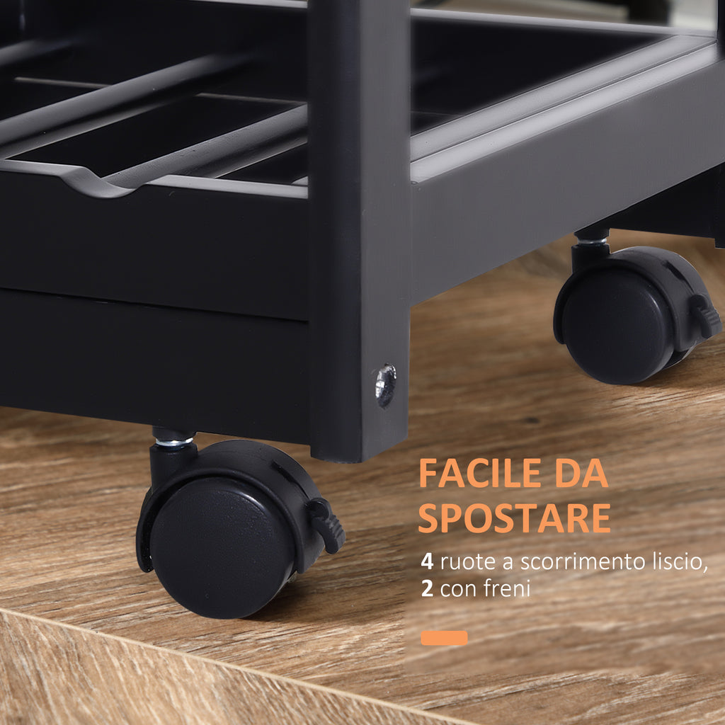 Kitchen trolley with drawers and wine bottle holder in wood and black - Borgè