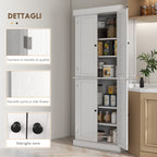 Tall Kitchen Cabinet with 6 Adjustable Shelves and 2 Wooden Doors, 76x40.5x184 cm, White