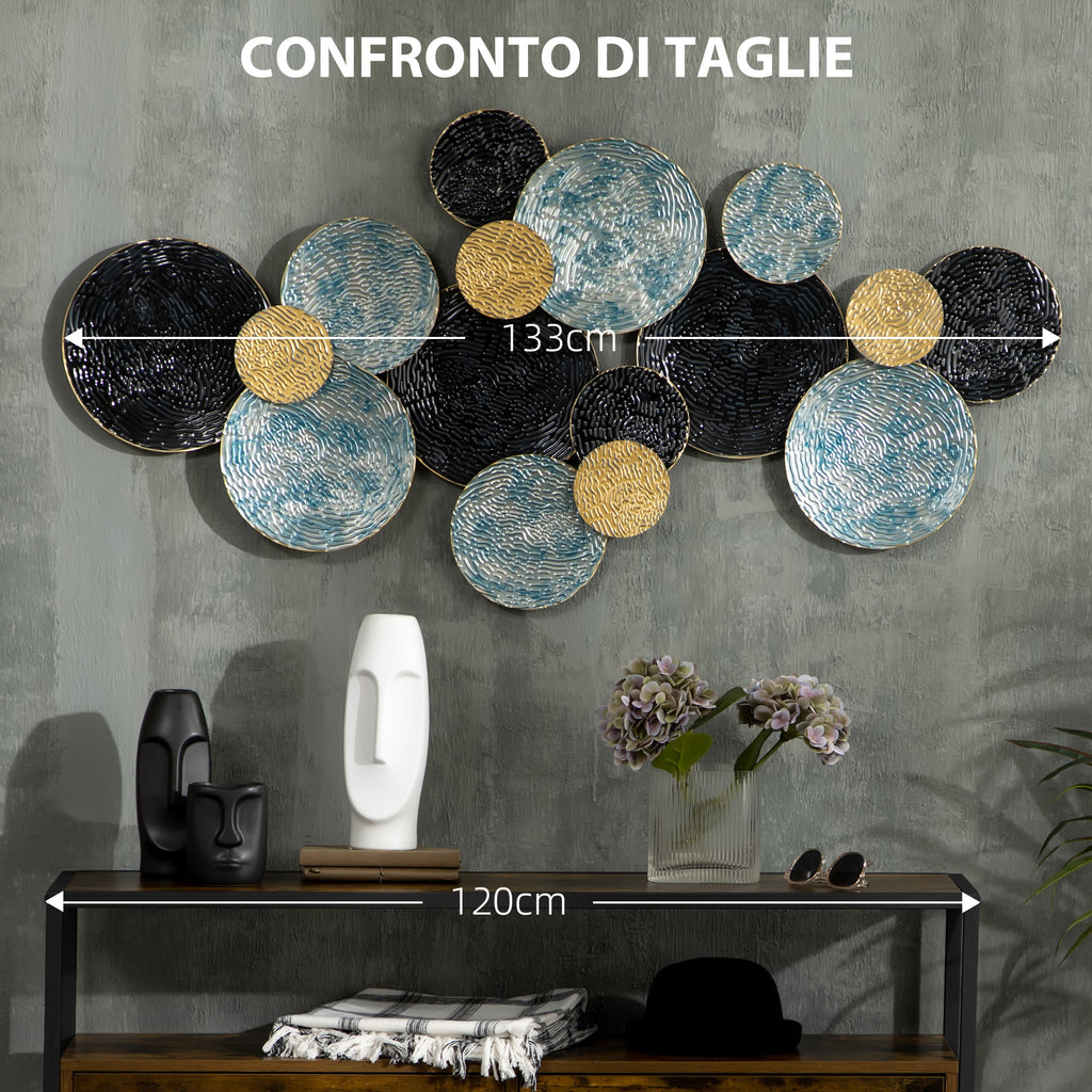 3D Metal Wall Decoration, Circle Wall Art 133x66cm, Blue, Black and Gold
