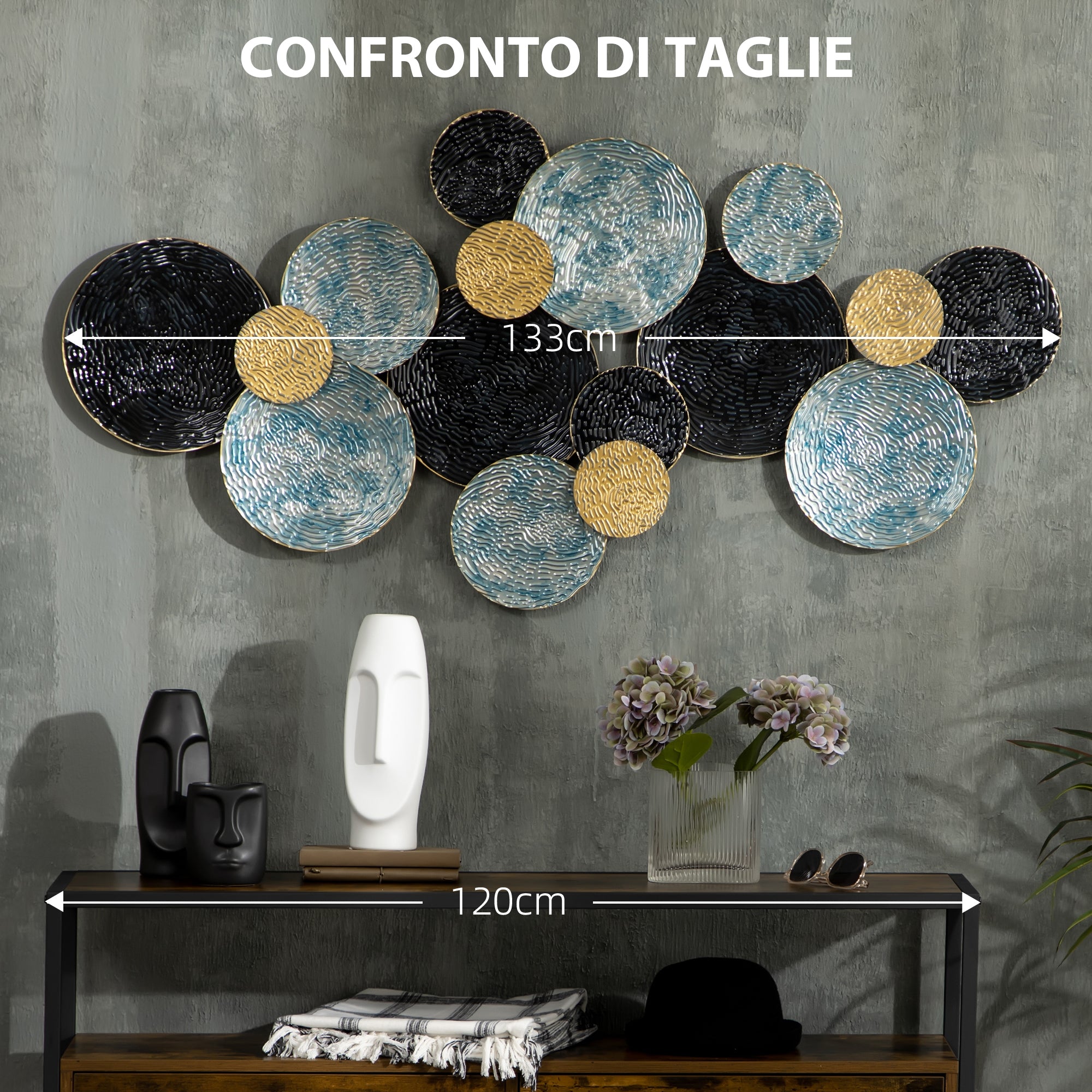 3D Metal Wall Decoration, Circle Wall Art 133x66cm, Blue, Black and Gold