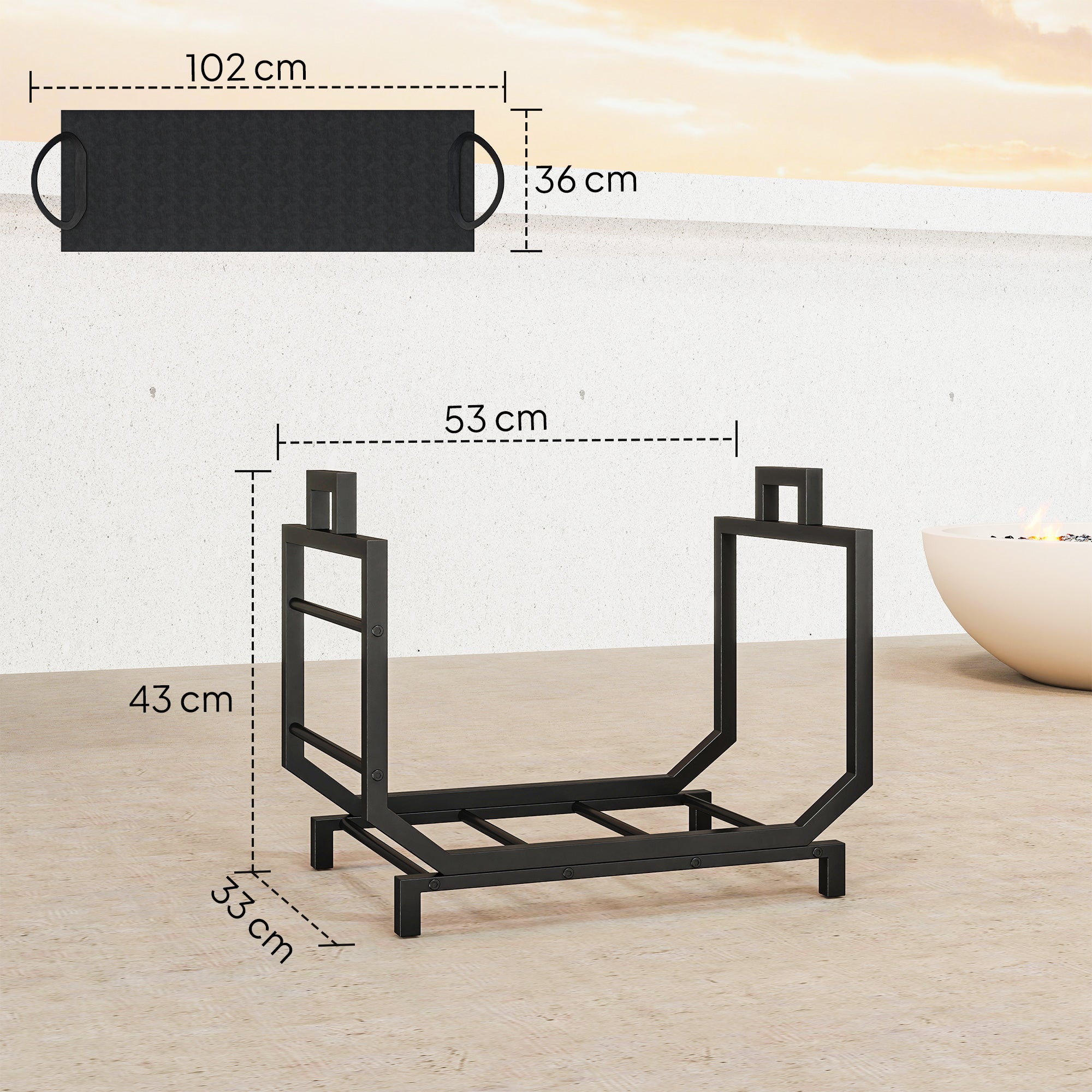 Metal Firewood Rack with Removable Oxford Fabric Carrying Bag, 53x33x43 cm, Black