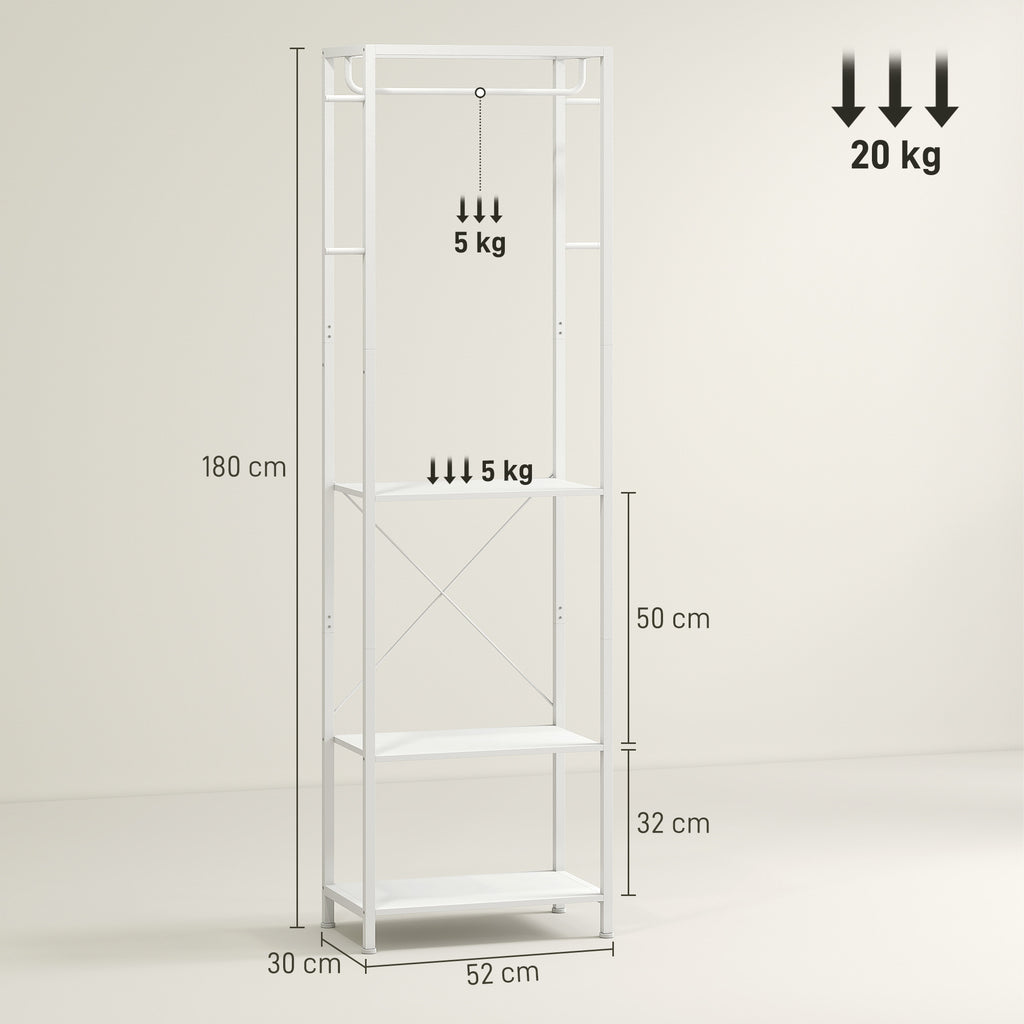 2-Tier Coat Rack with Shoe Rack, Clothes Rail, 4 Hooks, Top Shelf, 52x30x180 cm, White