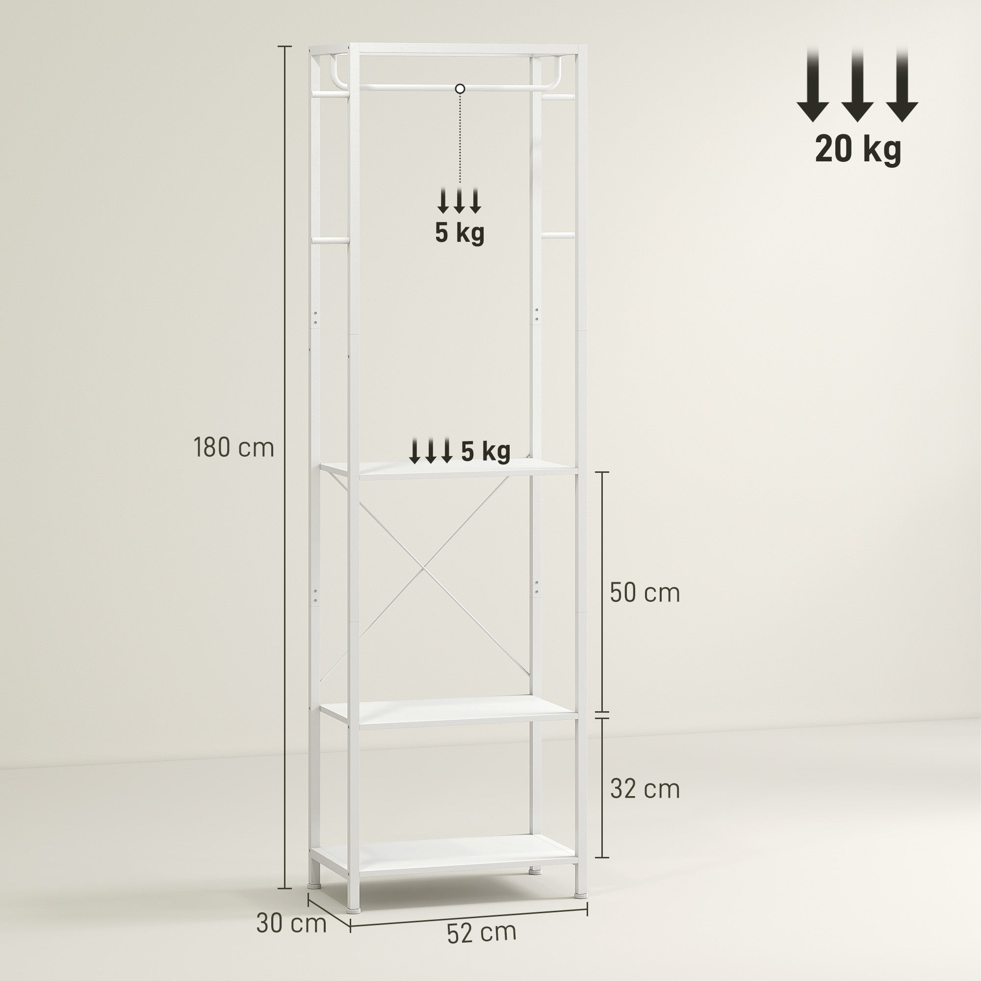 2-Tier Coat Rack with Shoe Rack, Clothes Rail, 4 Hooks, Top Shelf, 52x30x180 cm, White