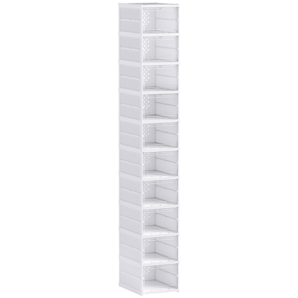 HOMCOM Slim Folding Shoe Rack with 10 Shoe Compartments, Space-Saving Shoe Cabinet with Transparent Panel, No Assembly Required, White