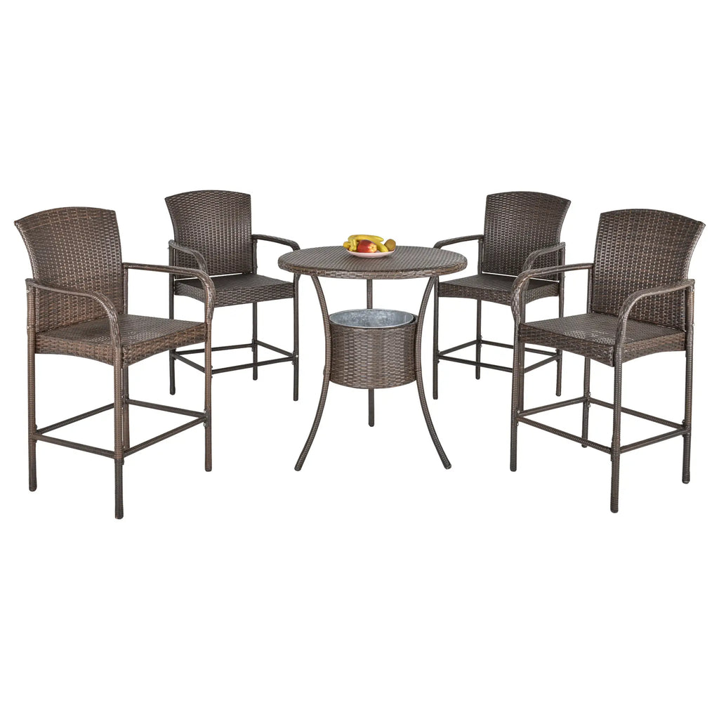 BUDAPEST |  5 Piece Garden Table and 4 High Chairs Set in Synthetic Rattan with Ice Bucket, Brown - Borge' Group Limited