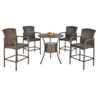 BUDAPEST |  5 Piece Garden Table and 4 High Chairs Set in Synthetic Rattan with Ice Bucket, Brown - Borge' Group Limited