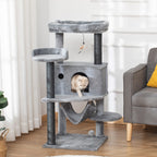 Cat Scratching Tree with Pole, House, Bed, Hammock and 2 Wooden and Plush Toys, 48x48x107 cm, Grey