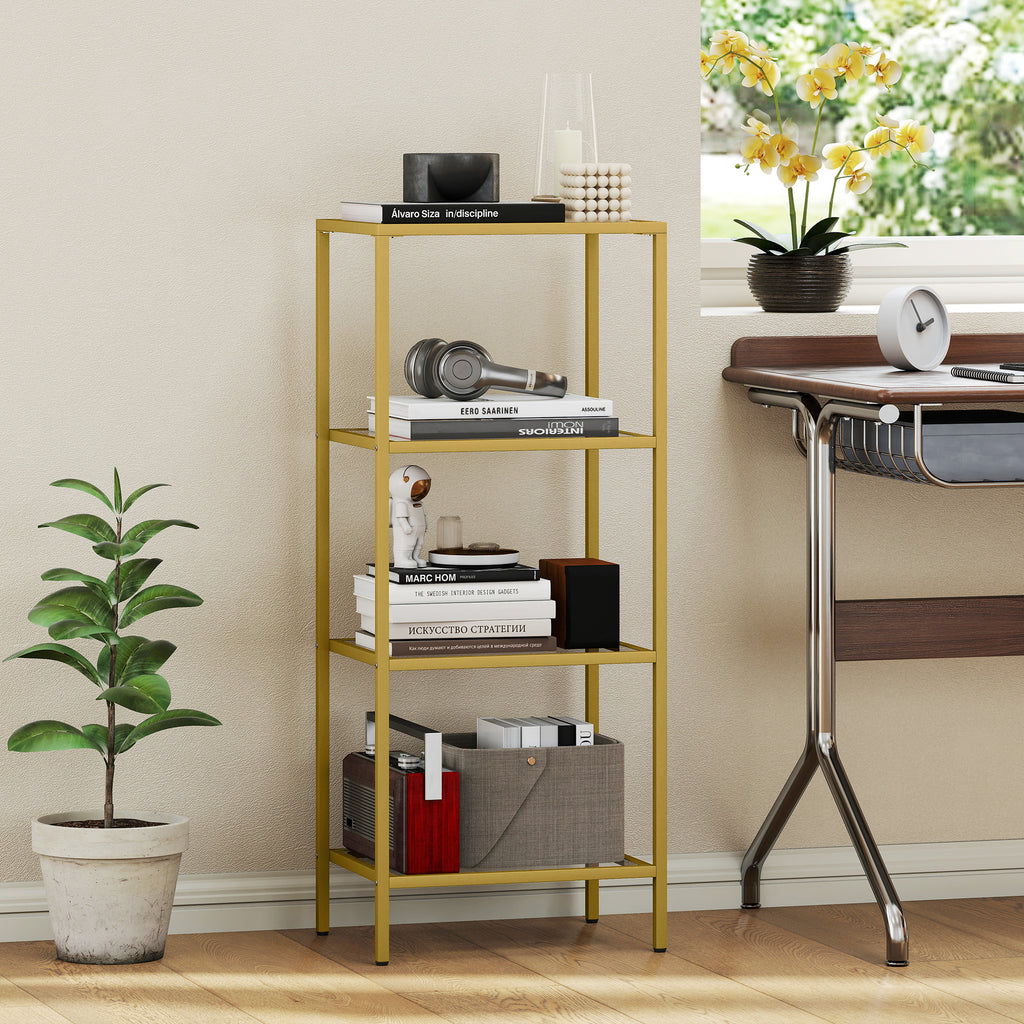 Minimalist 4-Tier Metal and Tempered Glass Shelf Unit, 40x30x96.5 cm, Gold