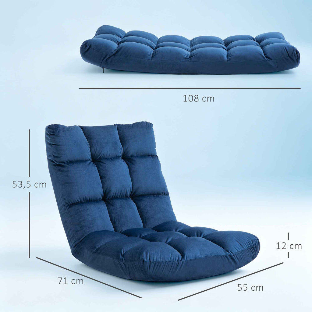 HOMCOM Velvet Floor Chair with 180° Reclining Backrest and Thick Padding, 55x71x53.5cm, Blue