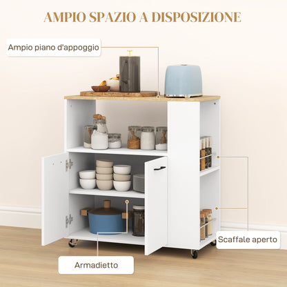 Wooden Kitchen Trolley with Open Shelf, Cabinet and Side Shelf, 75x40x80.5 cm, color Oak and White