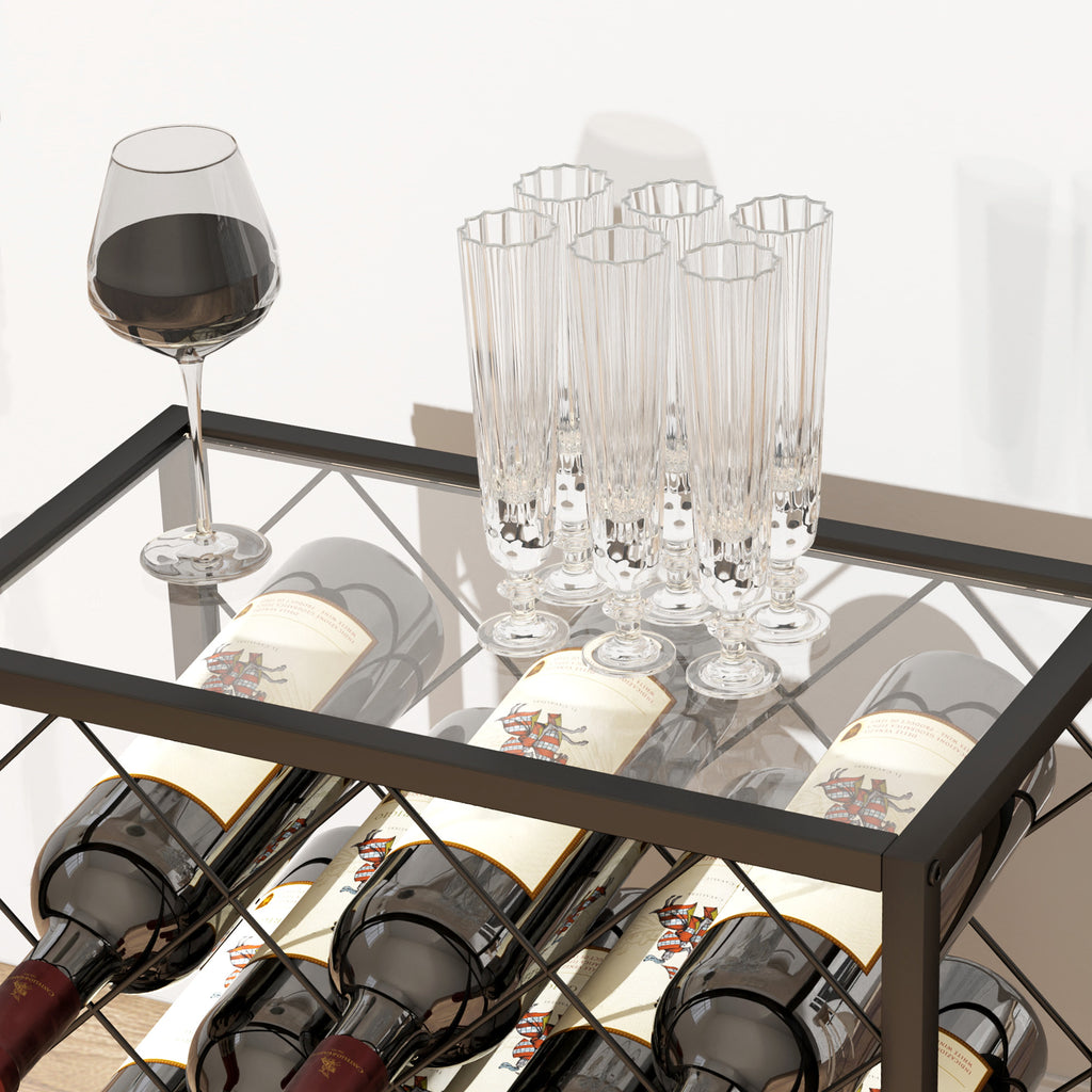 Wine Bottle Rack for 10 Bottles in Black Steel with Tempered Glass Shelf, 41x22x41 cm
