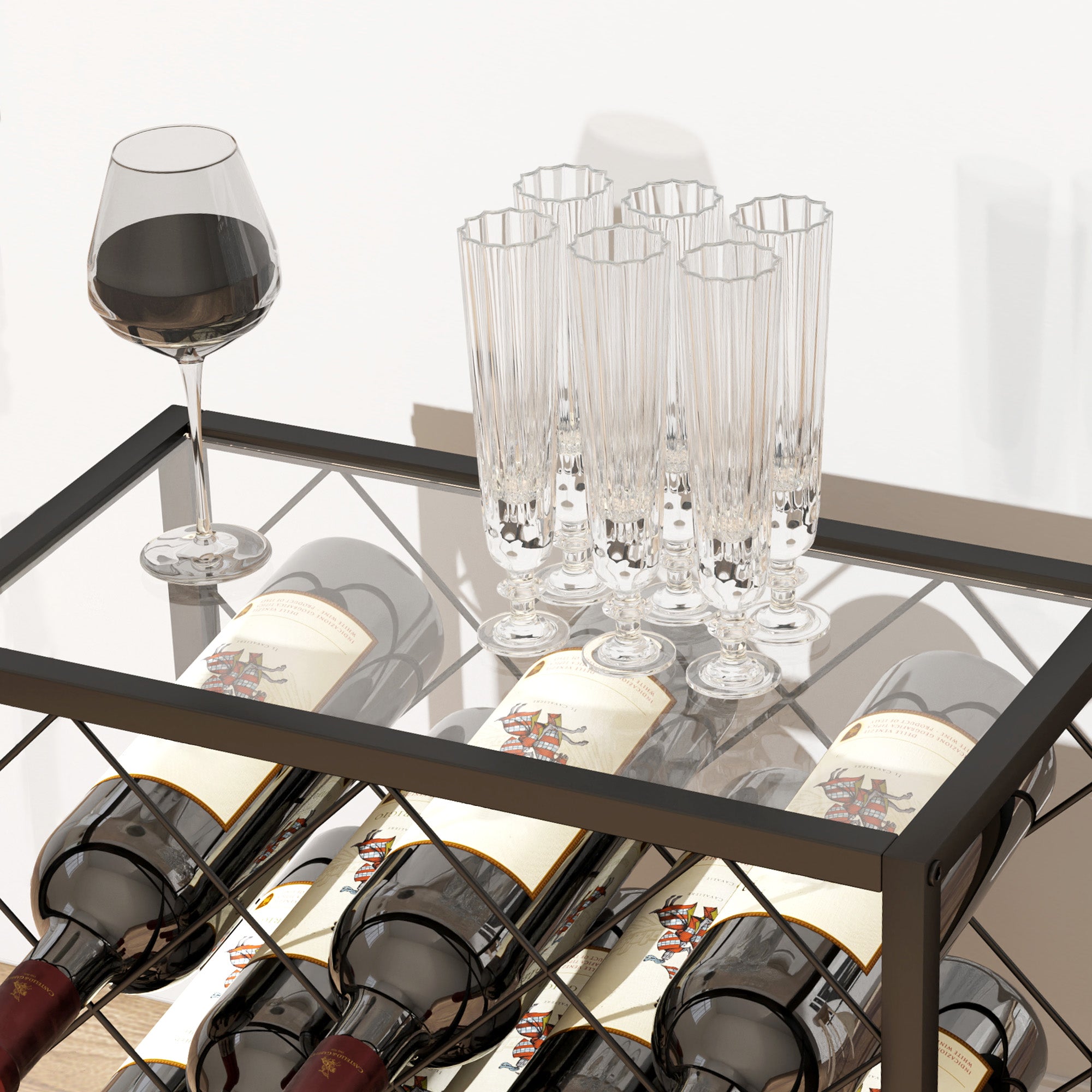 Wine Bottle Rack for 10 Bottles in Black Steel with Tempered Glass Shelf, 41x22x41 cm