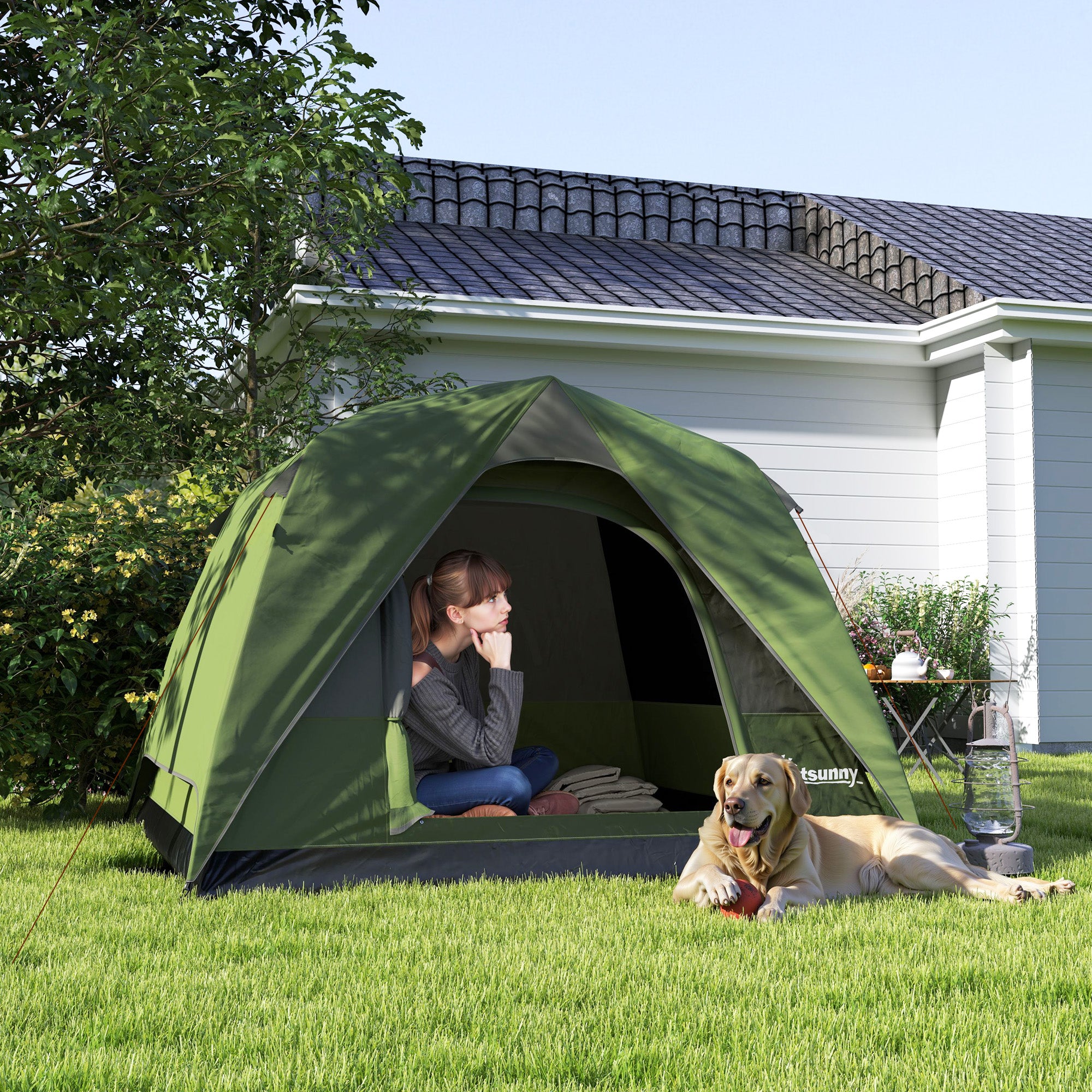 Waterproof 3-Person Camping Tent with Pocket, Lantern Hook and Bag, 2x2x1.35m, Green
