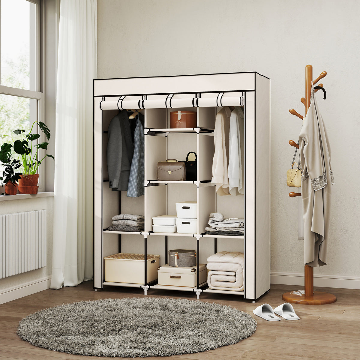HOMCOM Space-Saving Wardrobe with Raised Base, 8 Shelves and 2 Bars, in Non-Woven Fabric and Steel, Cream