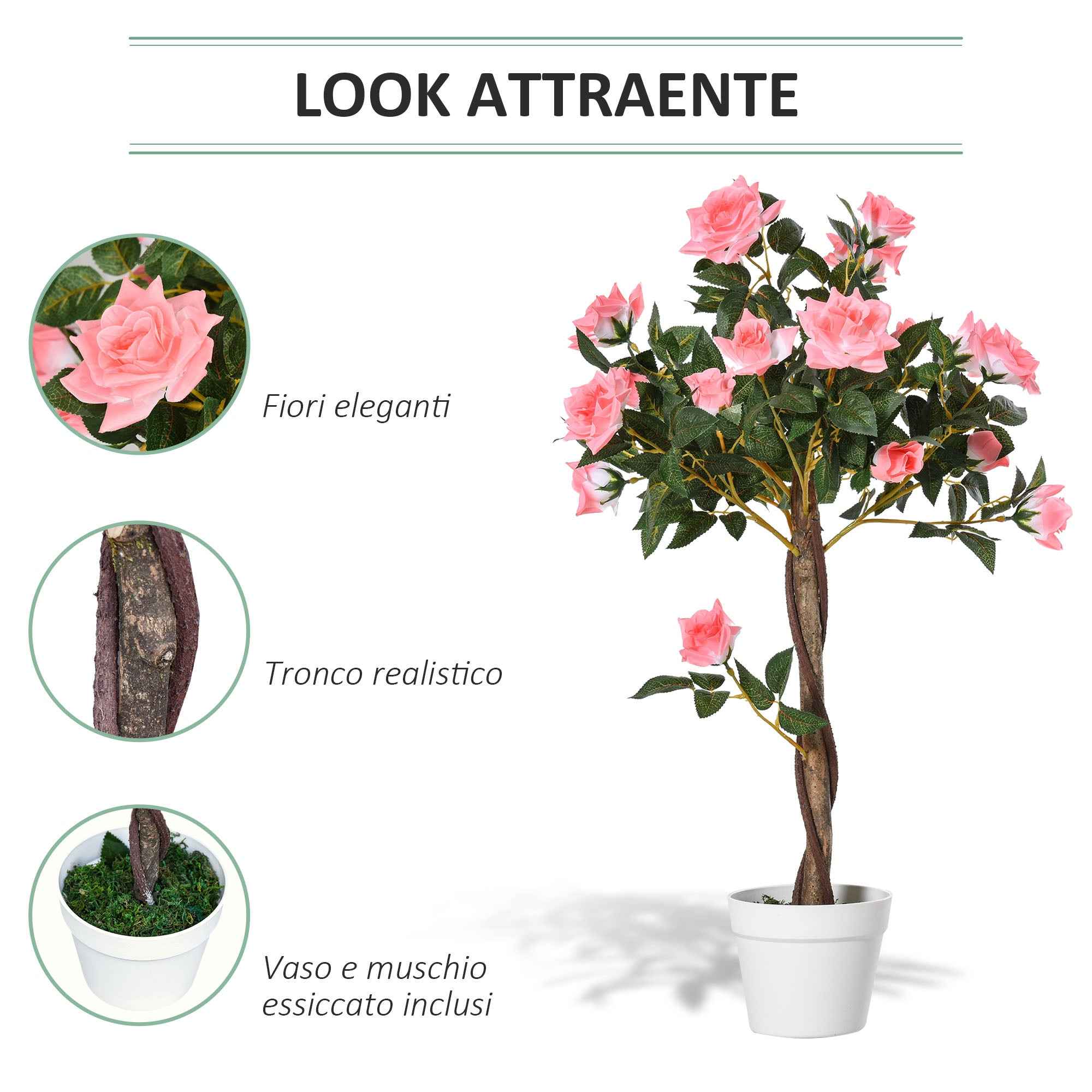 Outsunny 21-Flower Fake Rose Plant with Cement and Moss Filled Pot, Ø18x90 cm, Pink