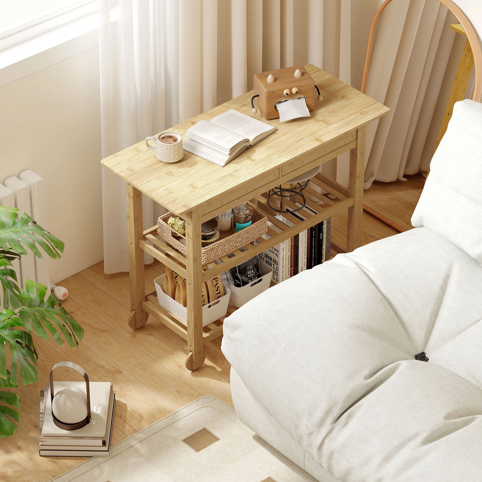 Bamboo Kitchen Cart with 2 Drawers, 2 Slatted Shelves and 2 Wheels, 100x43x75 cm, Wood