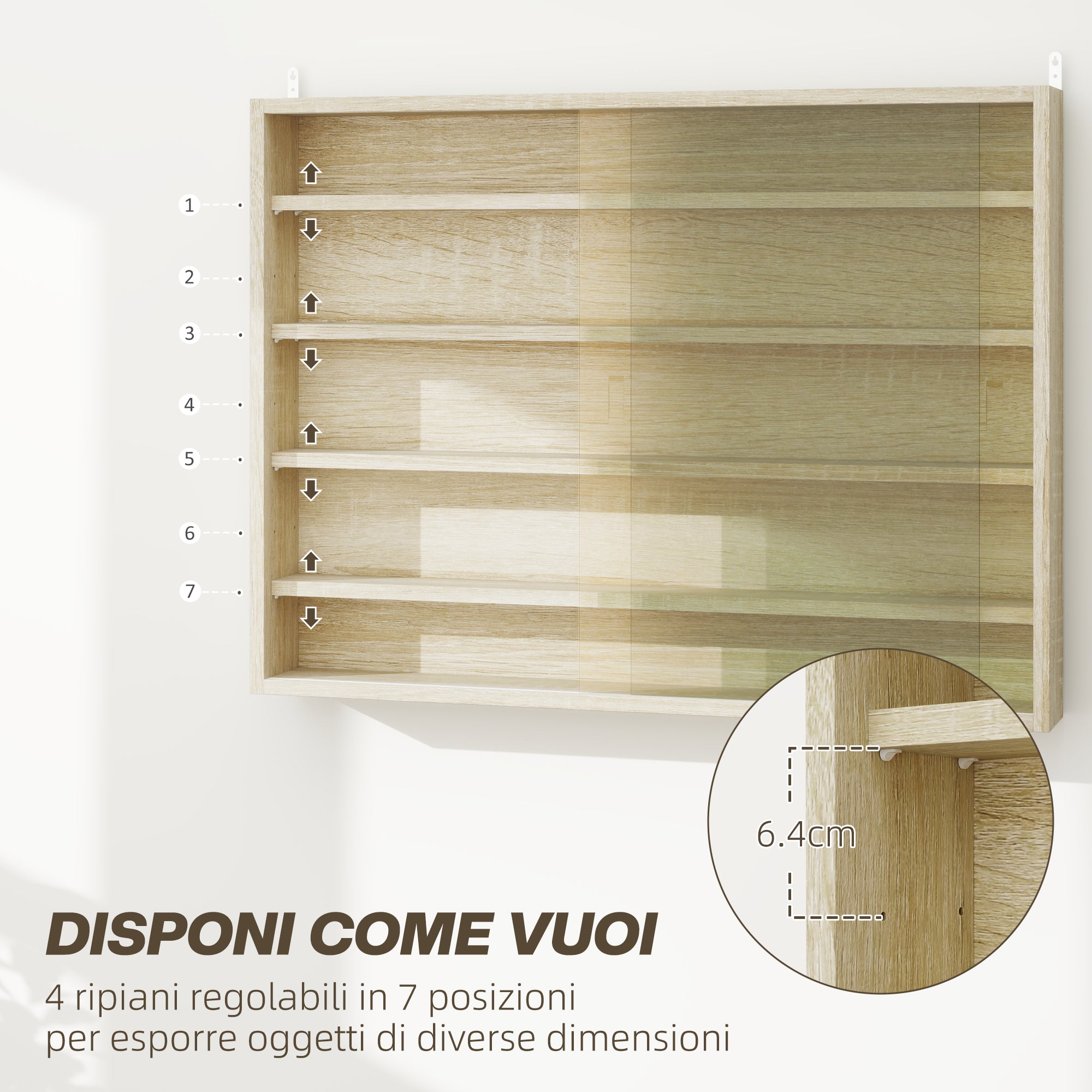 5-Tier Adjustable Wooden Notice Board with Glass Doors, 80x9.5x60 cm, Wood Color